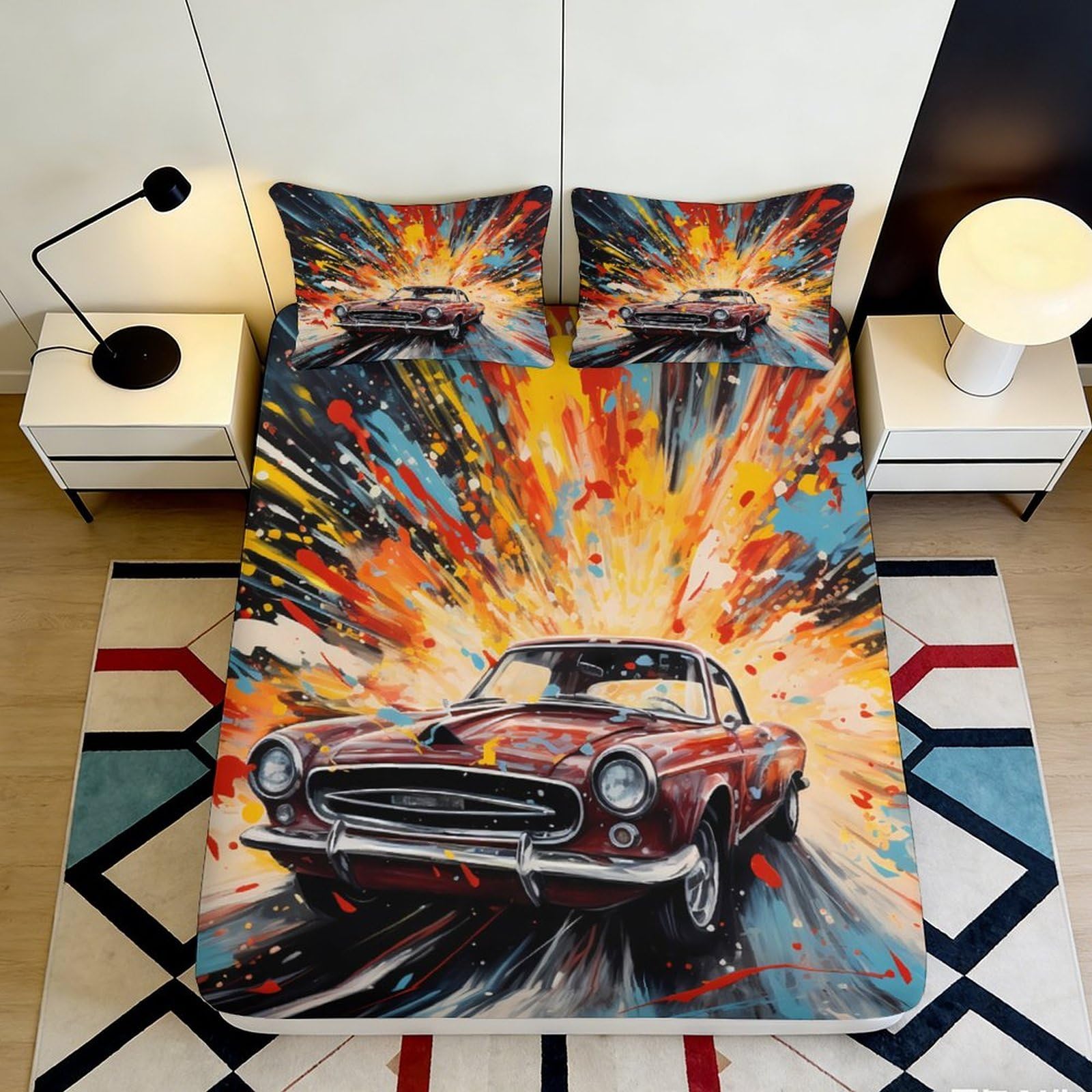 Decorative Explosion Car Fitted Sheet, 3D Printed soft touch Microfiber Bed Cover, wrinkle resistant, guest room bedding, easy care, colourful art style 90x200x25cm