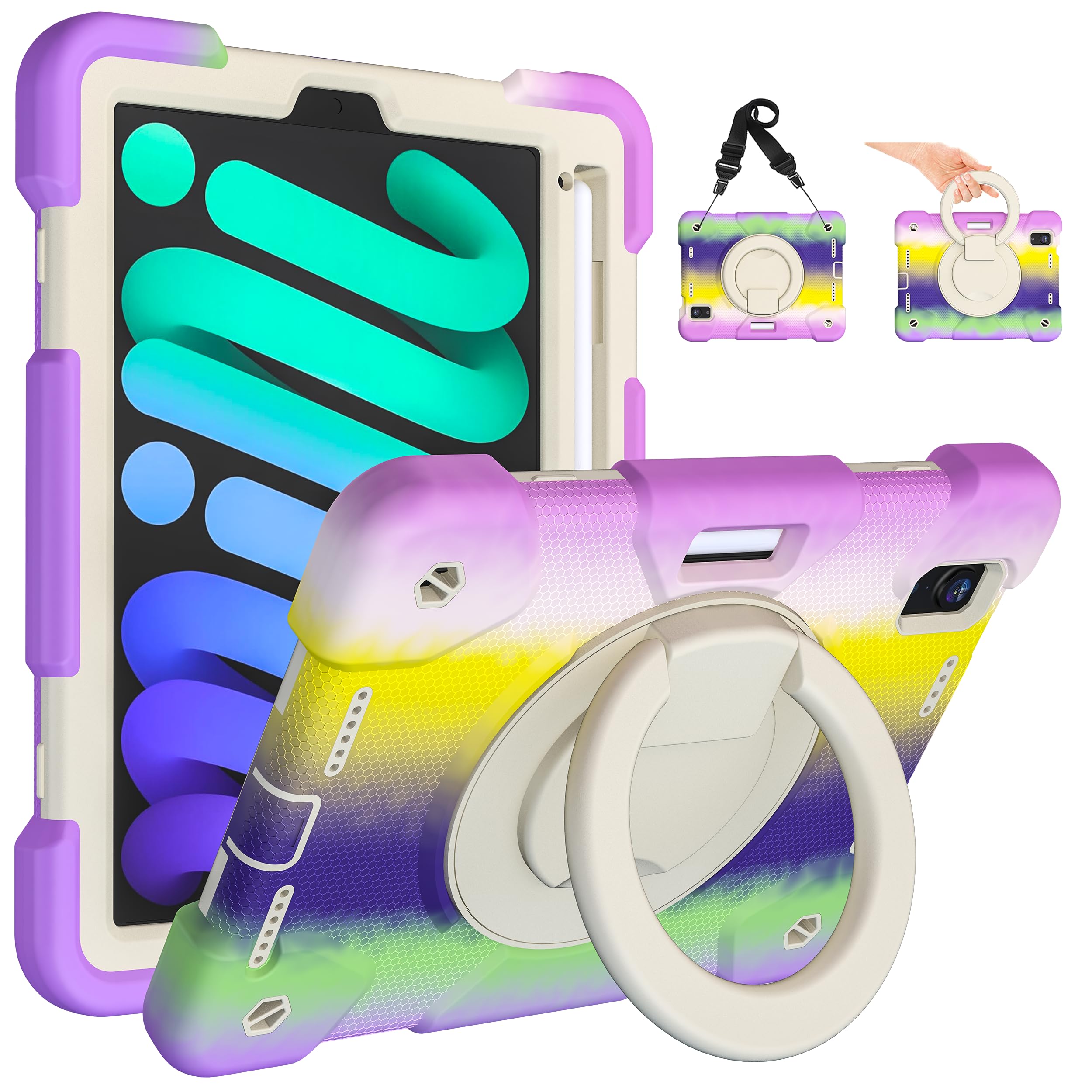 Case for 2024 iPad Mini 7 A17 Pro/2021 Mini 6 8.3 Inch Case with Built-in Pencil Holder/360° Rotating Handle Stand, Drop-Proof Cover for iPad Mini 7th/6th Generation, Colorful Purple