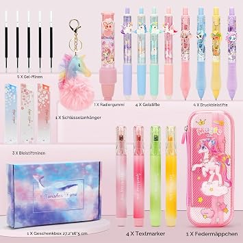 Unicorn Pencil Case Girls with Pens Unicorn Gifts for Girls 4 5 6 7 8 9 Years Kawaii Pen Set & Stationery Set with Pencil Case Highlighter & Eraser Pen Pink