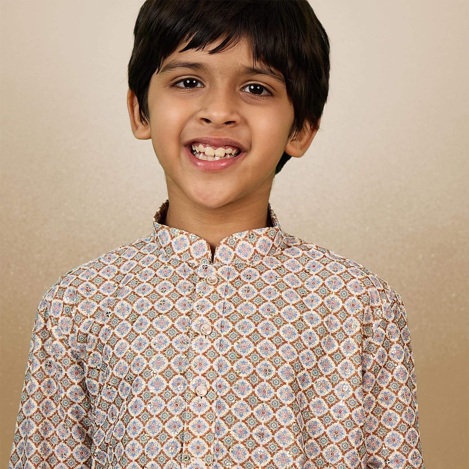 Sanwara Chic & Classic Boys Printed Brown Sequins Designer Cotton Kurta (32) 4