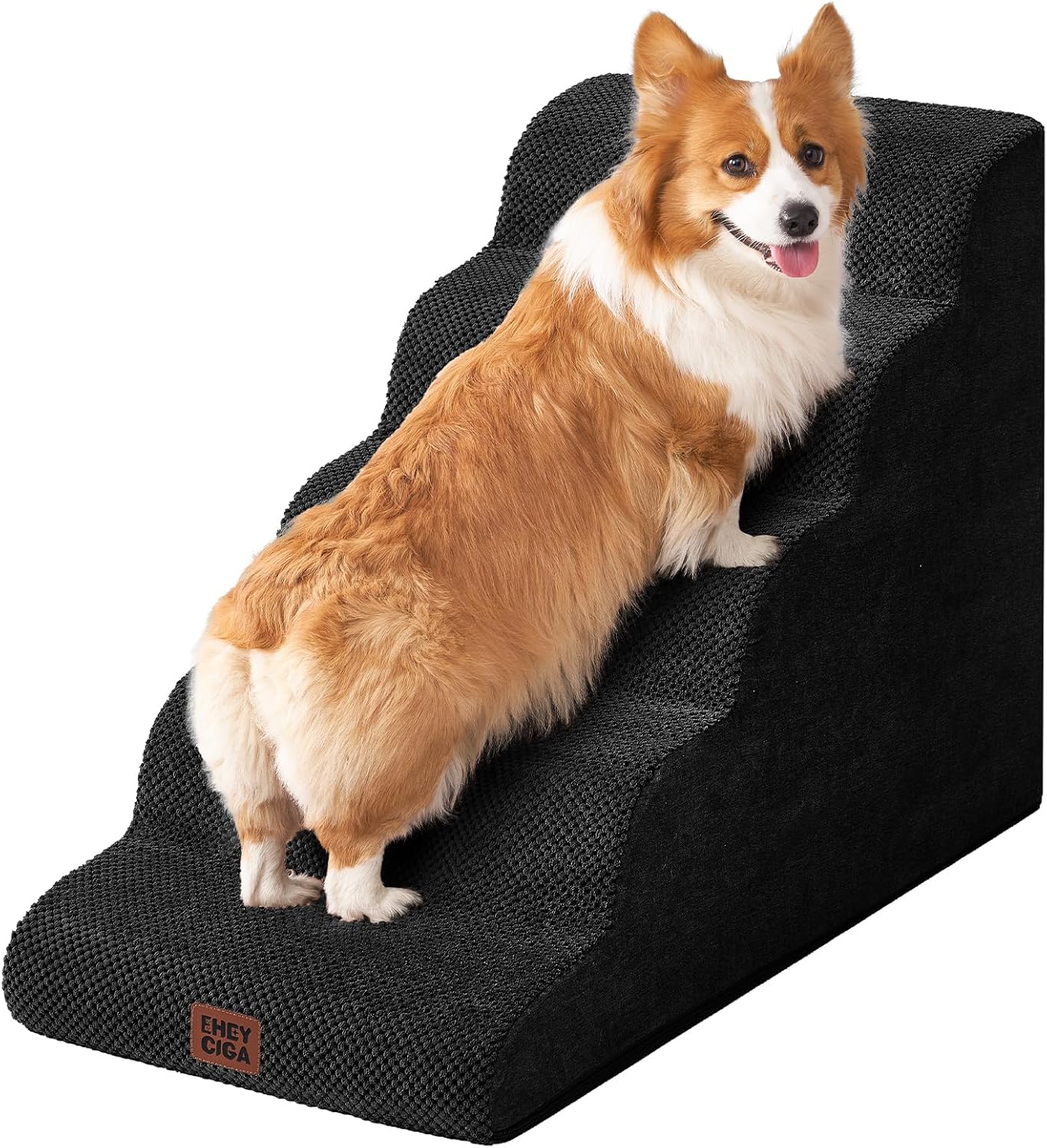 EHEYCIGA Curved Dog Stairs Ramp for High Beds, 5-Step Extra Wide Dog Steps for Small Dogs and Cats, Pet Stairs for High Bed Climbing, Non-Slip Balanced Pet Step Indoor, Black 5-Step-Update Fleece-Black