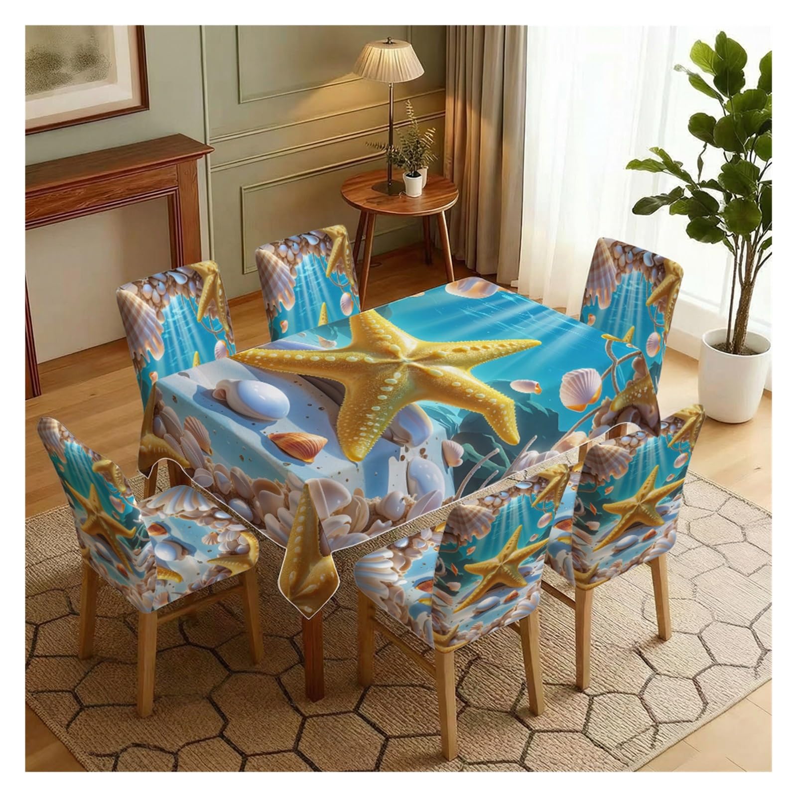 BOSUYBN Ocean Starfish Seashell Dining Chair Covers & Tablecloth Set, 5/7 Piece Underwater Coastal Slipcovers For Beach Nautical Home Decor Table Setting(7pcs Set: Tablecloth+Chair Covers)