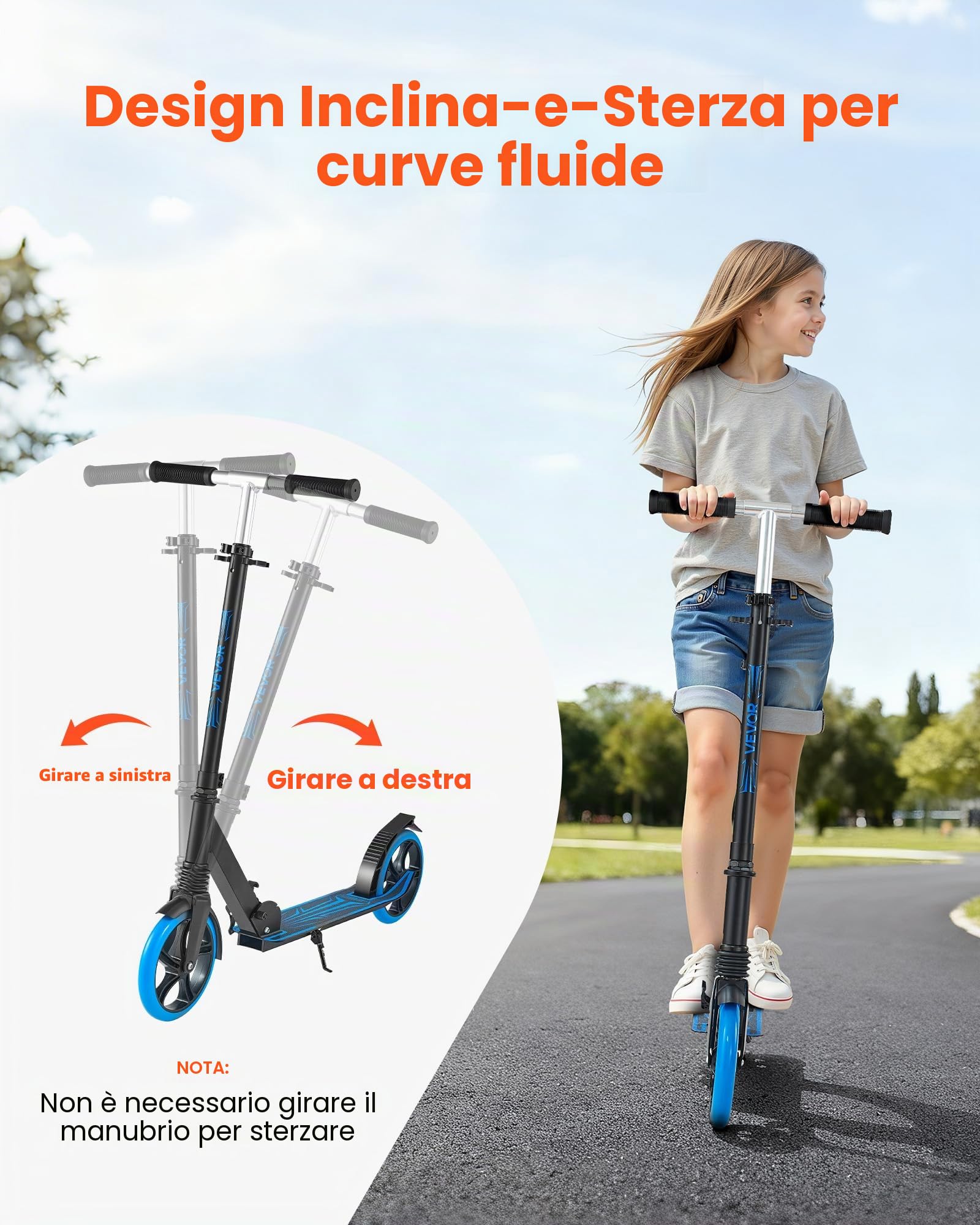 VEVOR Monopattino con 2 Ruote per Bambini da 8 Anni, Monopattino Pieghevole per Mobilità Urbana Carico max. 100kg Altezza Regolabile a 3 Livelli, Pedana Antiscivolo e Freno a Pedale, Blu