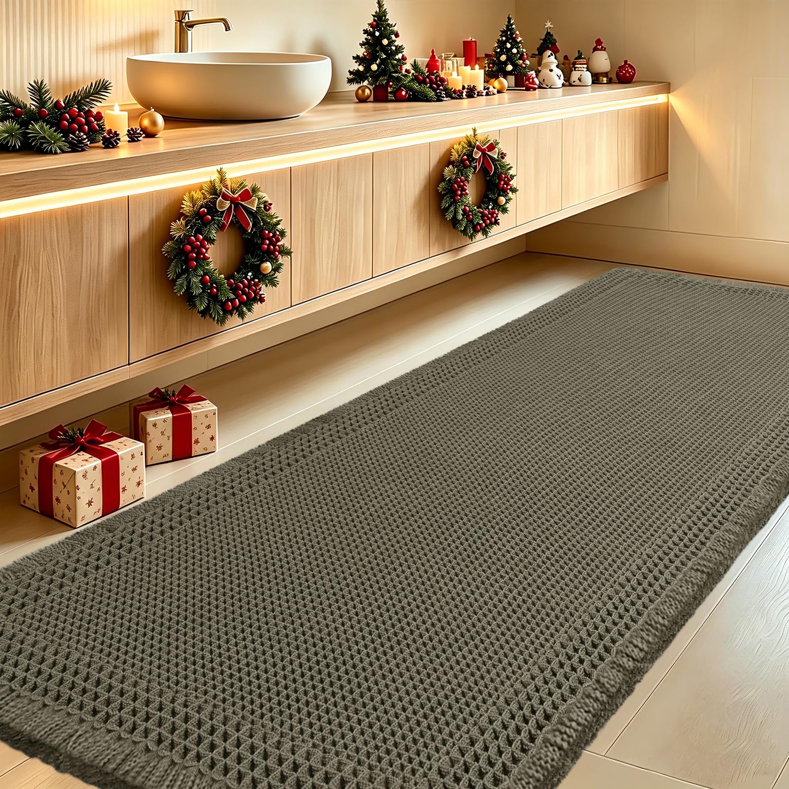 IM HOME Extra Large Waffle Bath Mat, 6'x2' Greyish Green, Boho Bathroom Rugs Absorbent Non Slip, Ultra Soft Bathroom Mat, Machine Washable Knit Bath Rugs with Border for Bathroom, Bedroom, Kitchen