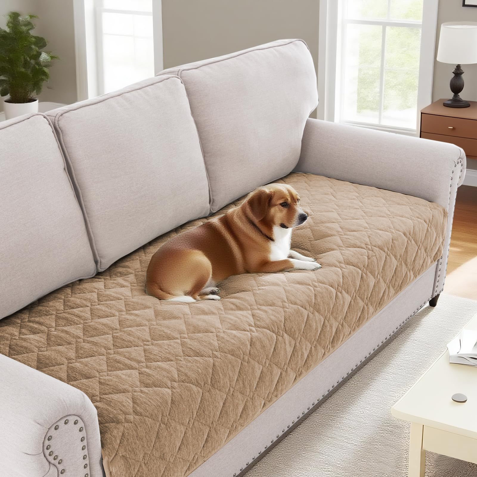 BellaHills Soft Chenille Sofa Cover Pet Fuzzy Sofa Covers for 3 Cushion Couch Anti Slip Sofa Slipcovers with Strap Furniture Protector Cover for Dogs Cats Kids (90 x 210cm, Khaki)