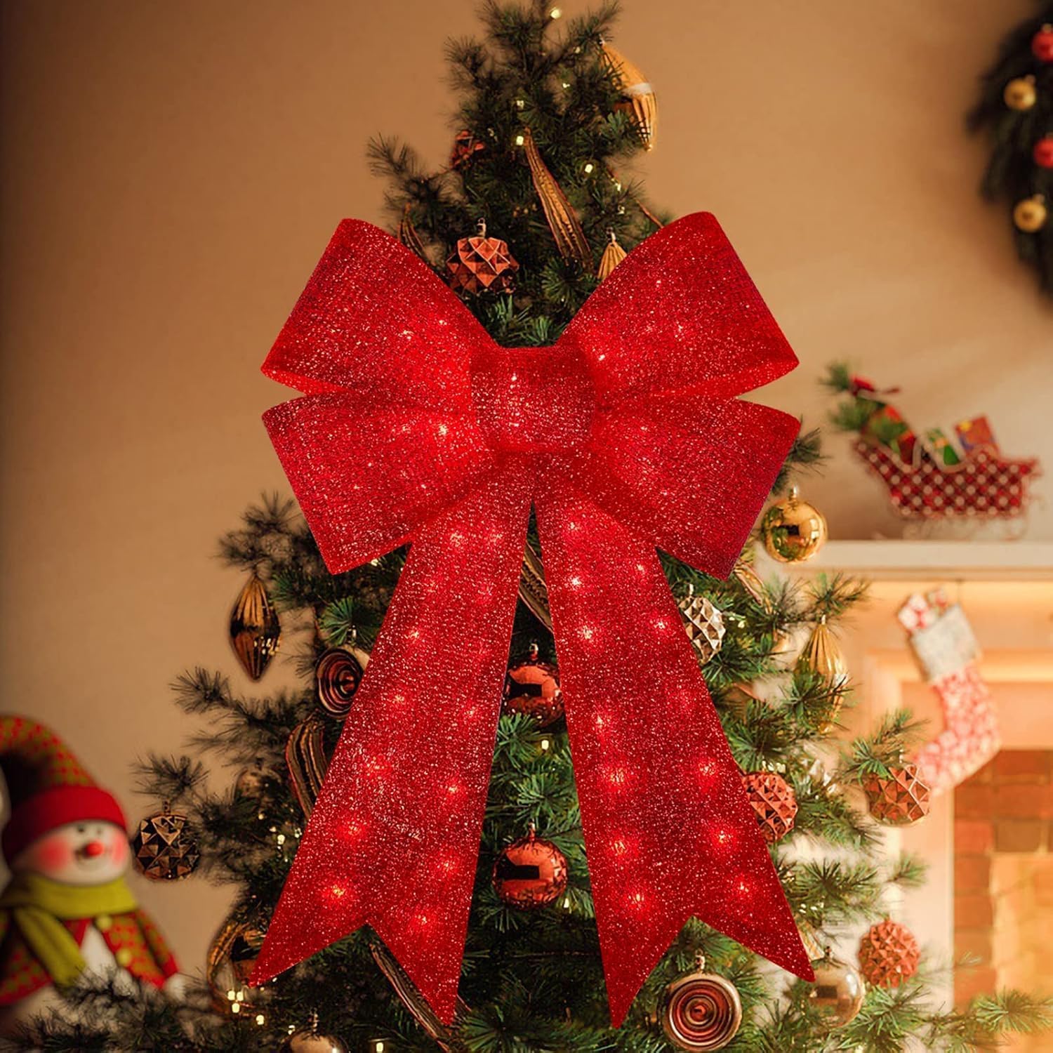 32 inch Red Christmas Bows with LED Lights,72 Led Christmas Tree Decoration Wreath Bow Light,11 Function Christmas Bow Topper Light for Indoor Outdoor Christmas Decoration