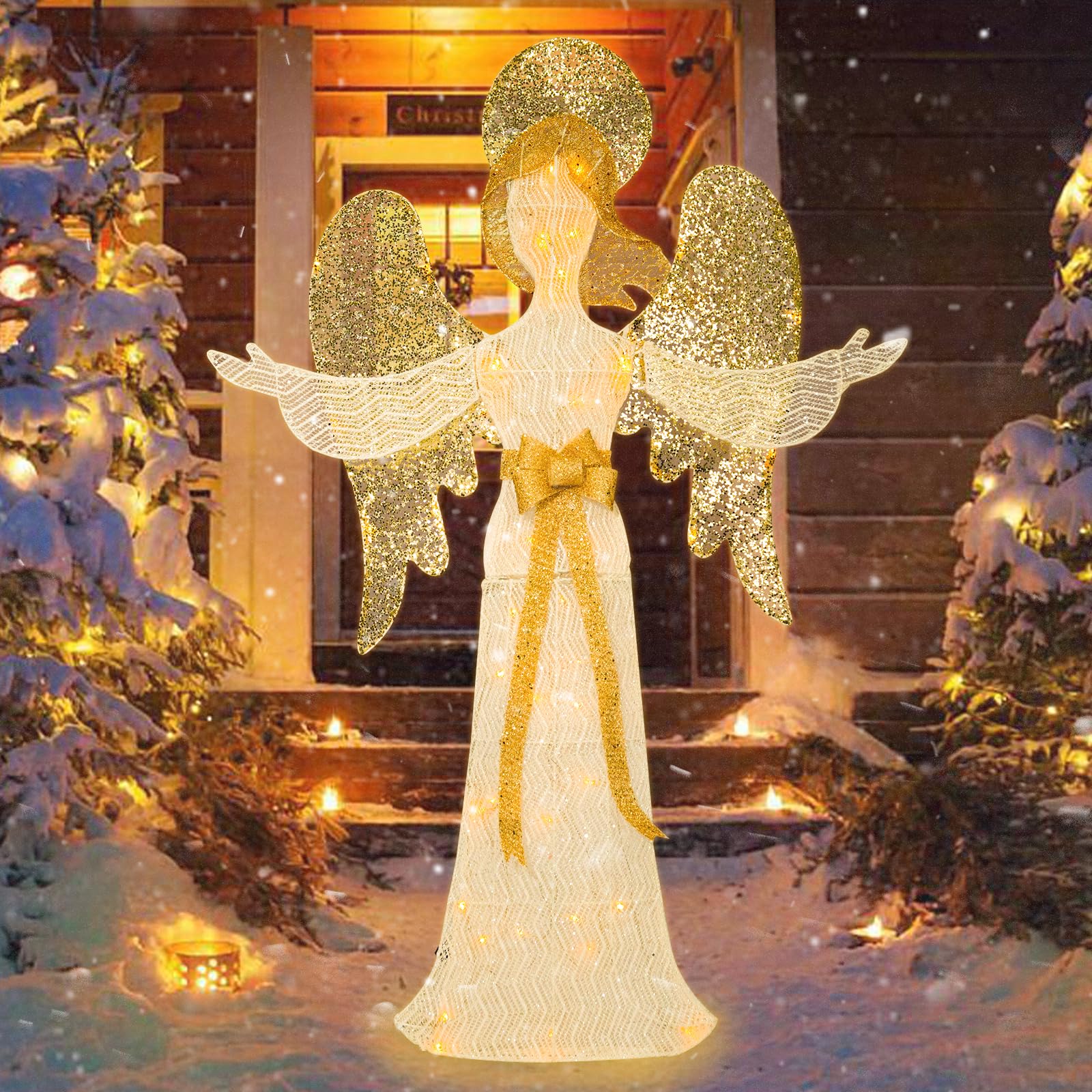 Vipush Lighted Outdoor Christmas Angel Decoration, Pre-Lit Winged Holiday Figure for Lawn 3D Glittered Angel with Warm Lights, 4 FT Outdoor Lighted Holiday Displays for Christmas Decoration