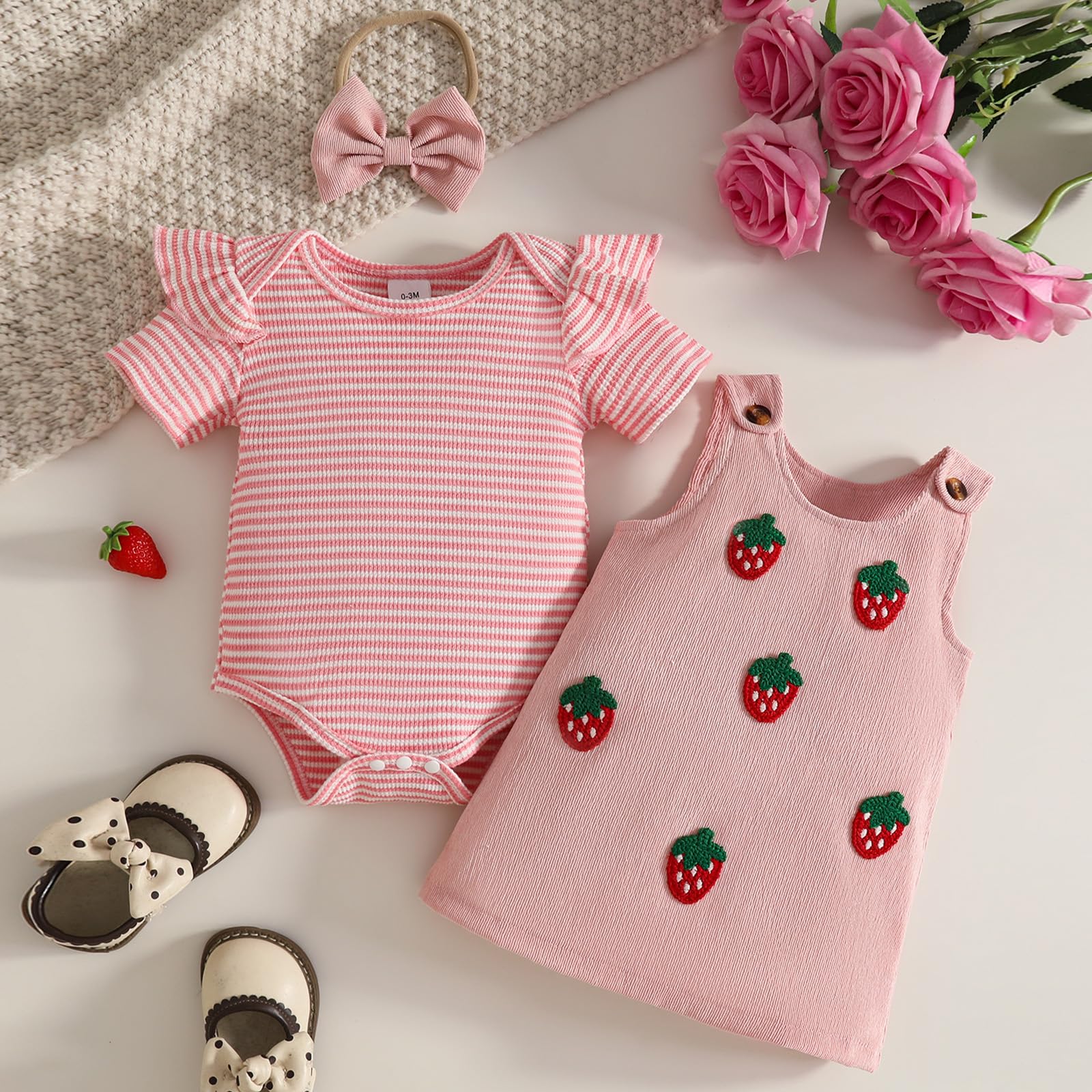 Neugeborenes Baby Mädchen Sommer Röcke Sets Rüschen Strampler Top + Overalls Kleid + Stirnband 3-teiliges Kleidung Outfits