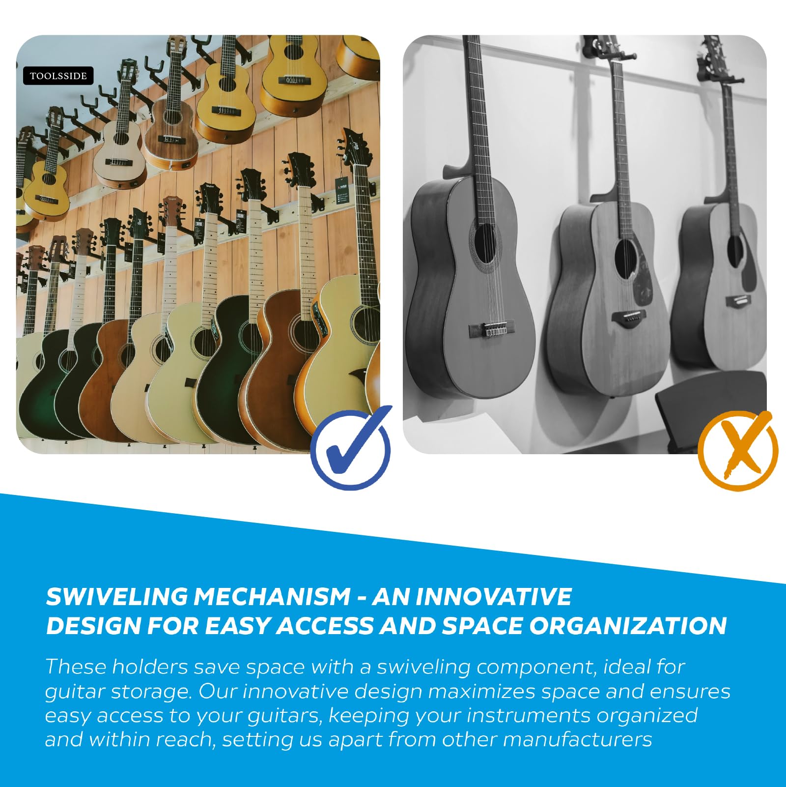 TOOLSSIDE 5 ganchos de pared para guitarra, soporte de pared 180, ganchos de guitarra para pared ajustables con adaptador de listones, soporte de pared para guitarra eléctrica acústica y bajo