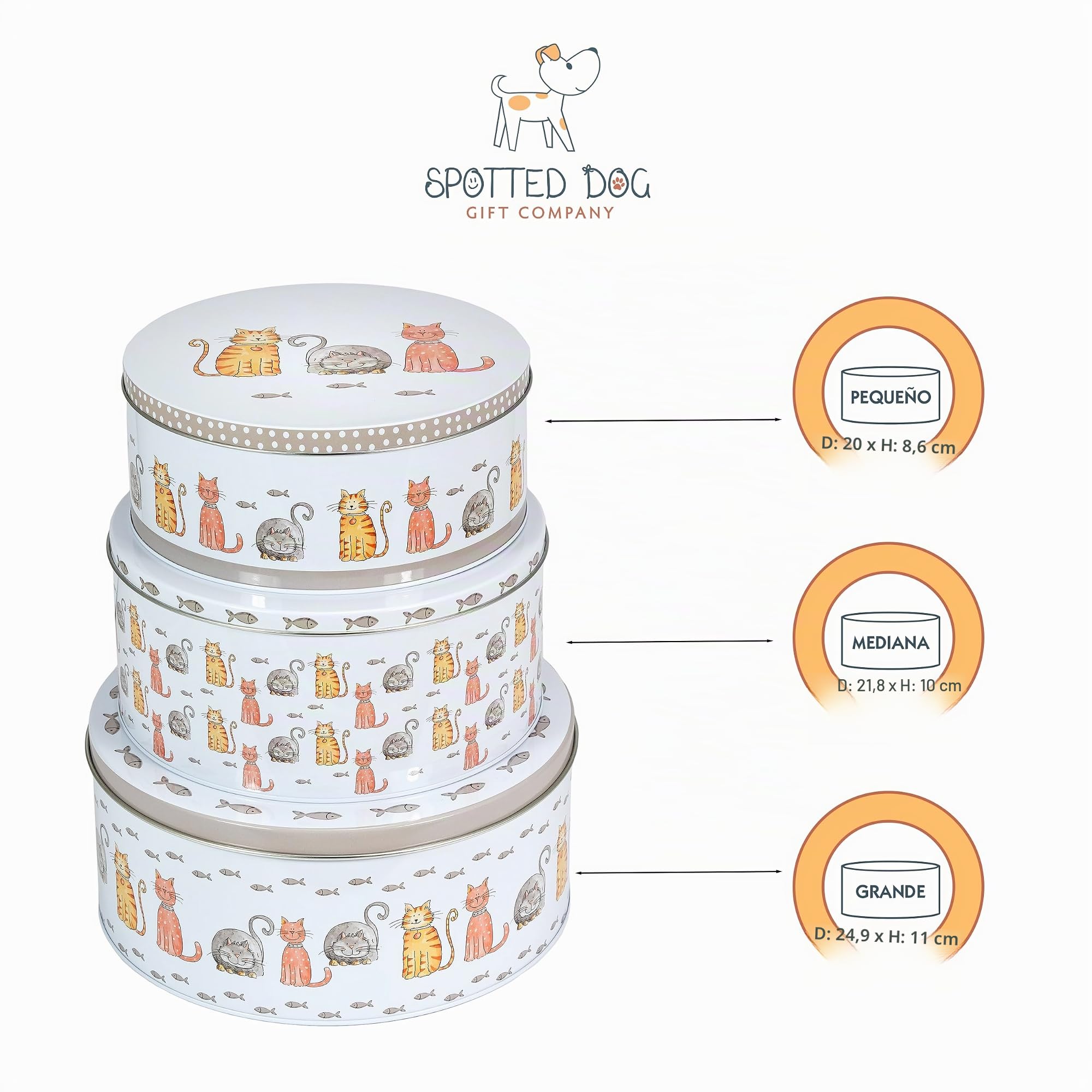 SPOTTED DOG GIFT COMPANY Juego de 3 Latas Almacenamiento para Tartas Redondas, Cajas para Galletas y Pasteles de Metal, Apilables Herméticos, Pequeño 20x9cm, Mediano 22x10cm, Grande 25x11cm - Gatos