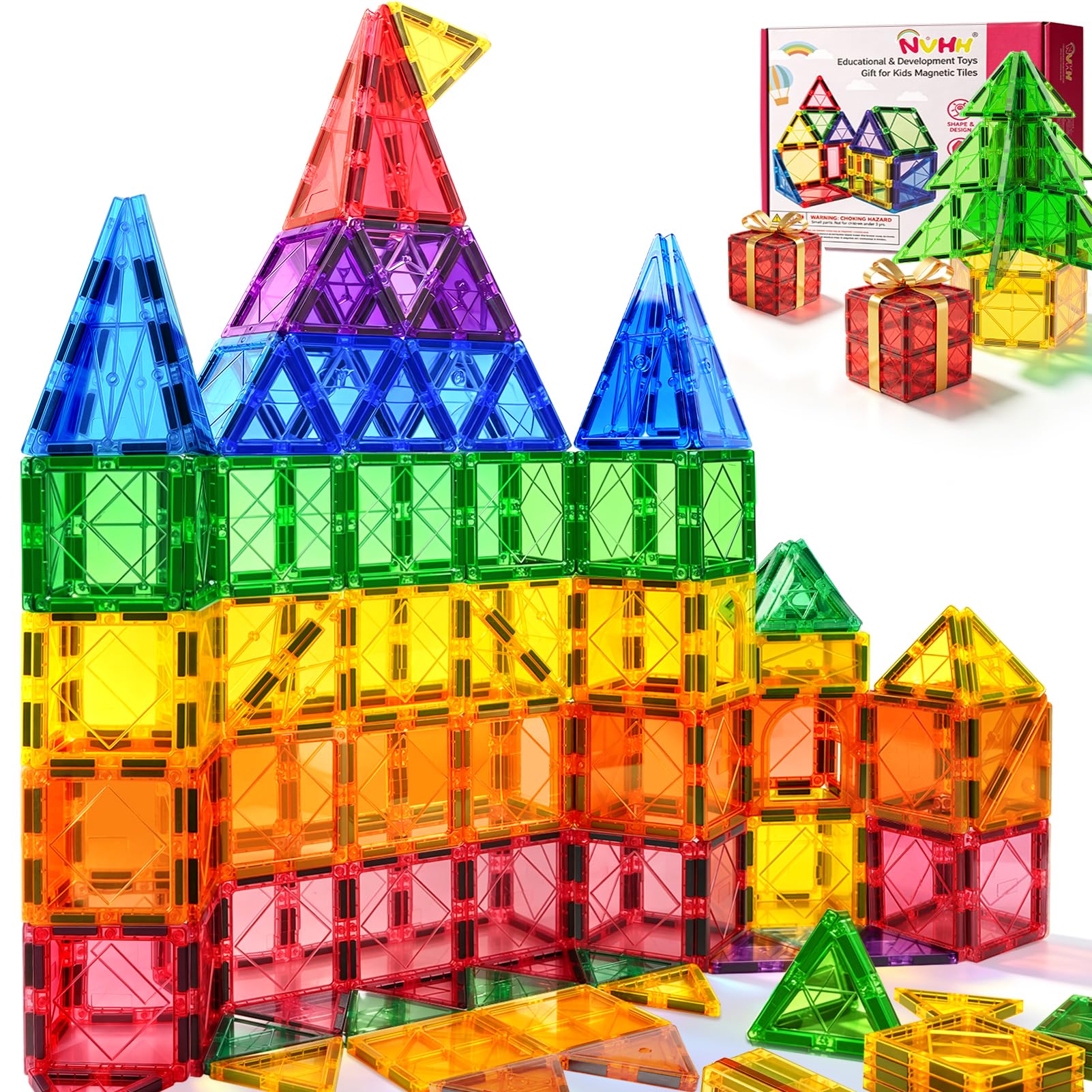 NVHH Magnetic Tiles for Kids Ages 3-5 4-8 Magnetic Blocks Creative Toys | Magnet Building Block for 3+ Year Old Boys Girls Toddler,Colorful Preschool Educational Construction Christmas Birthday Gifts