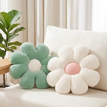 2pcs Daisy Flower Cushion Sage Green Throw Pillows, Cute Flower Pillows Floor Cushions for Bedroom Sofa Chair Decor Green & White, 38x38cm