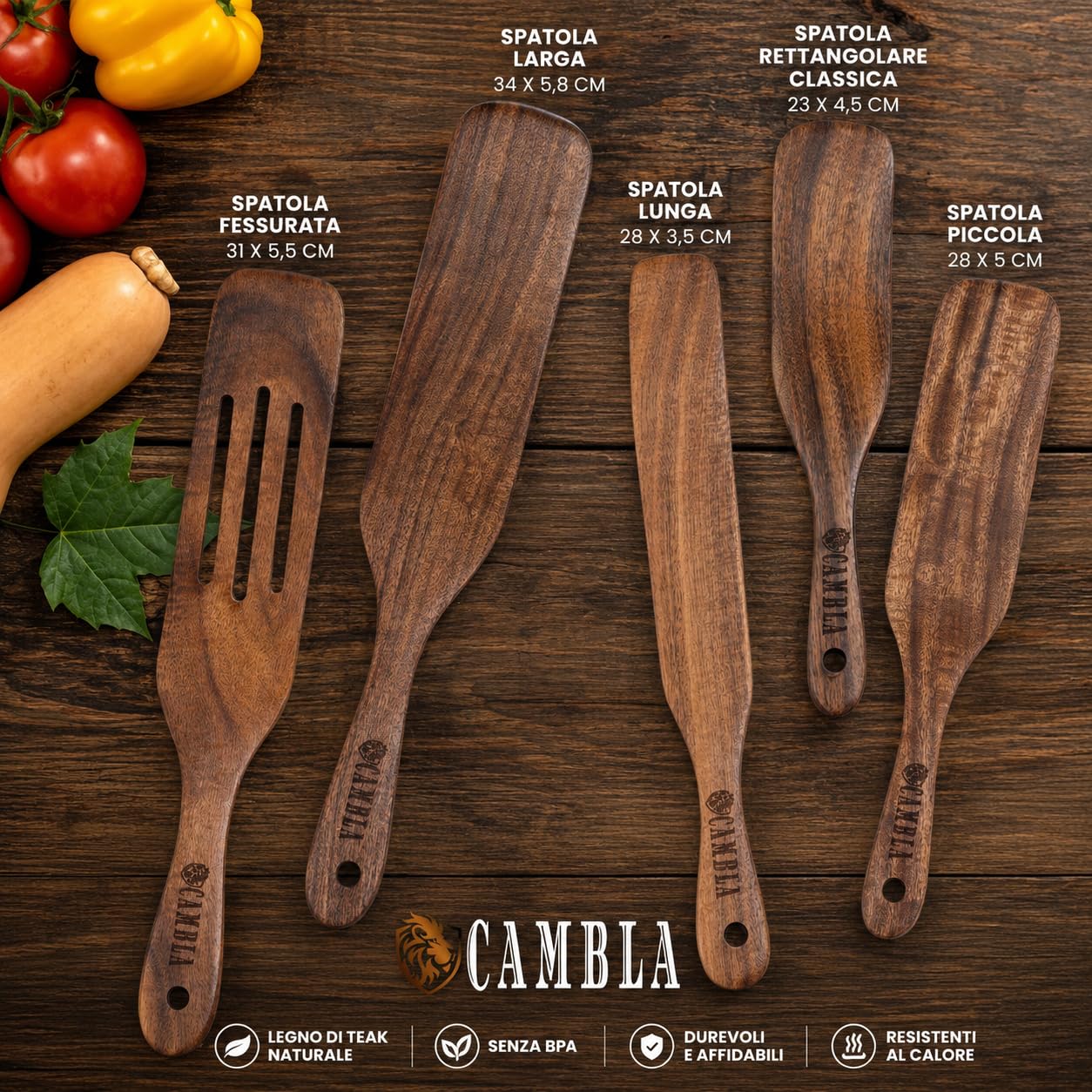 Spatole da cucina in legno - Set di 5 utensili da cucina in legno di teak, resistenti e antiaderenti, ideali per girare, spalmare, servire e mescolare.