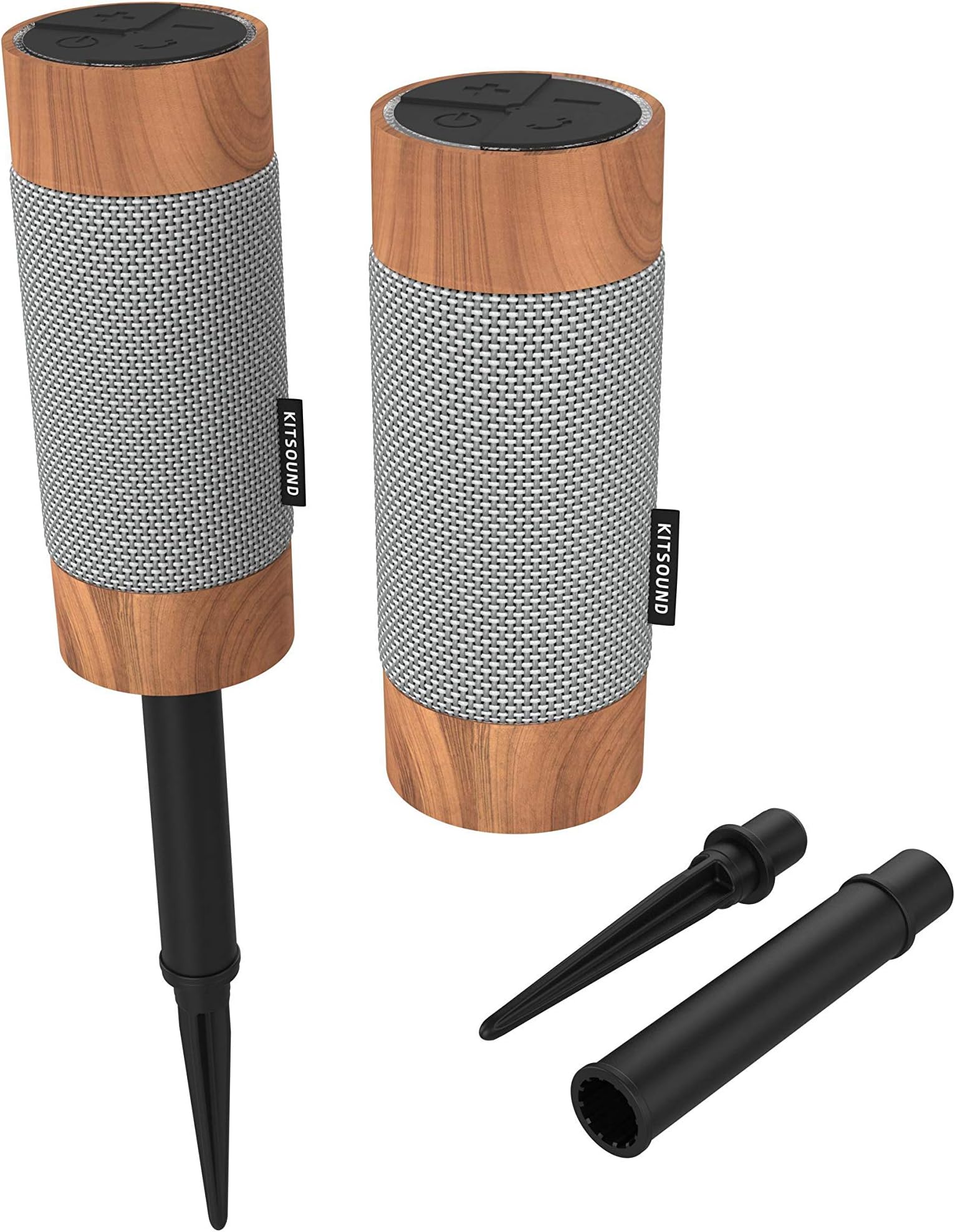 KitSound Diggit Outdoor Wireless Water Resistant Bluetooth Garden Speaker with Removable Stakes - Twin Pack - Silver/Wood