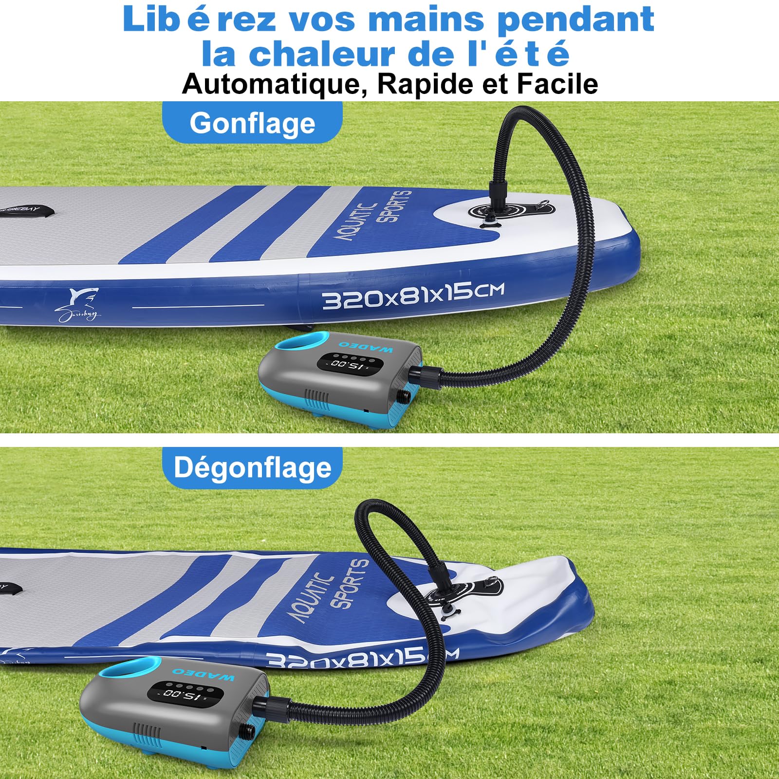 WADEO Gonfleur Electrique pour Sup/Paddle 20PSI, Rechargeable 18000mAh - Double Fonction Gonflage/Dégonflage, Arrêt Auto, 12V/Type-C - Compatible Paddle, Kayak, Bateau, Matelas, Tente, Aile | Double Fonction Gonflage/Dégonflage, Arrêt Auto, 12V/Type-C - C