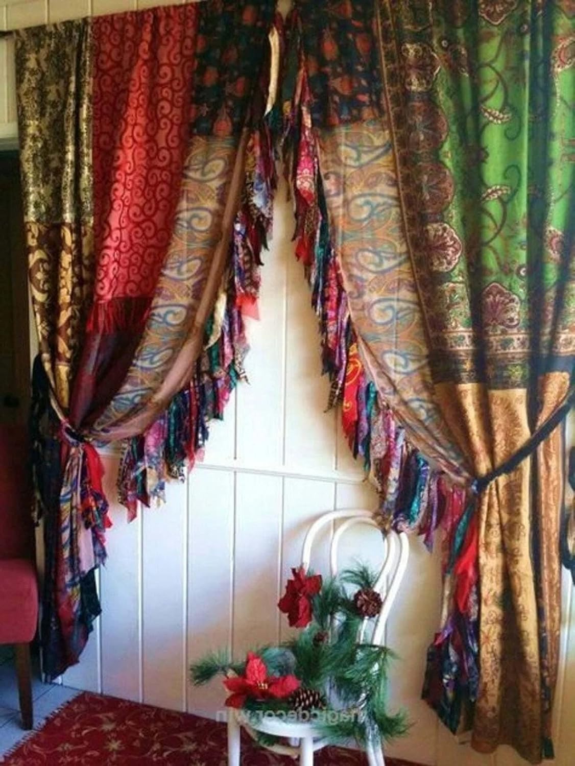Yille Handmade Silk Sari Curtain Panels, 2 PCS Recycled Indian Silk Drapes, Assorted Bohemian Patchwork Window Curtains, Gypsy Hippy Boho Wall Hanging & Decorative Home Décor for Living Room
