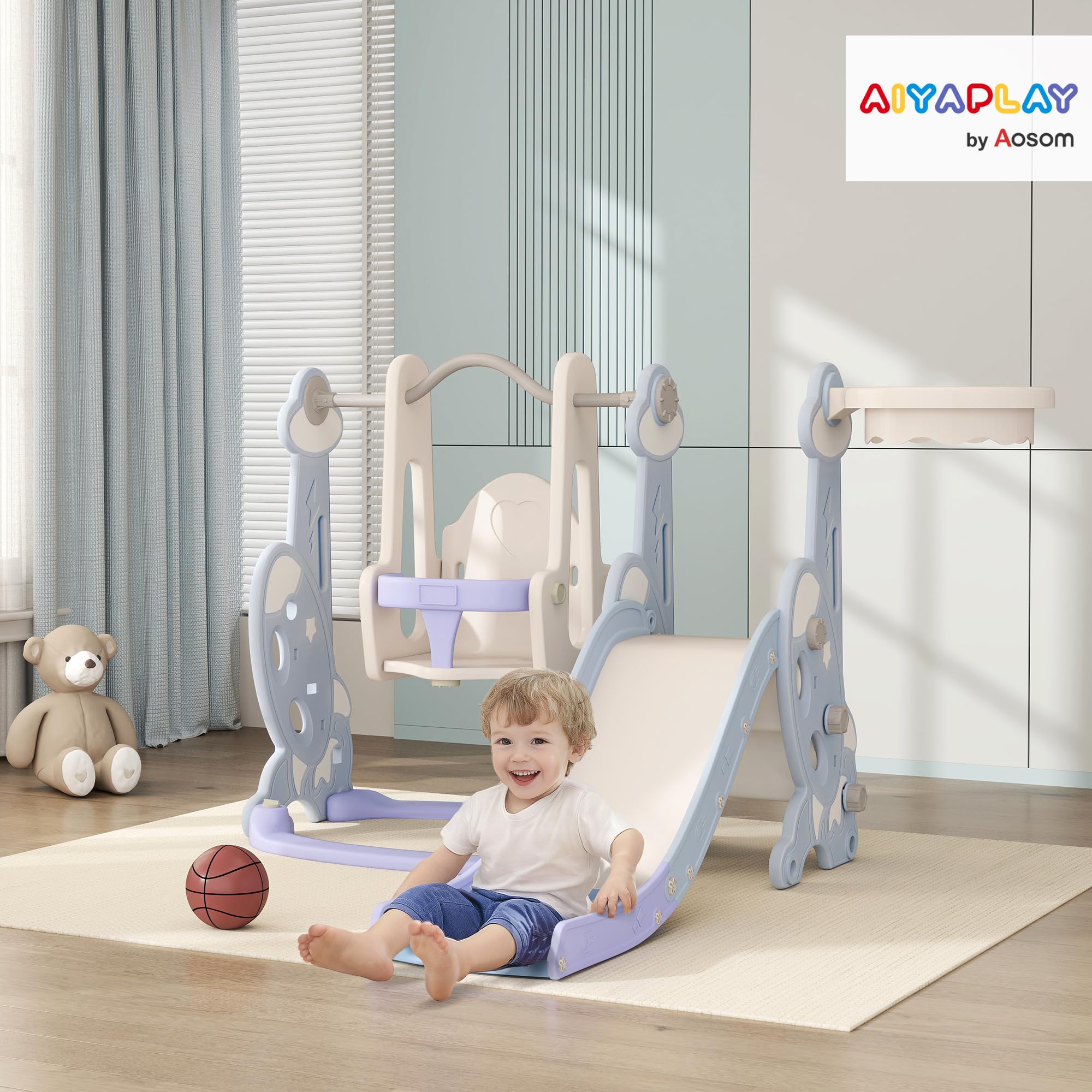AIYAPLAY Scivolo per Bambini 4 in 1, Scivolo da Giardino Autoportante con Altalena, Scaletta da Arrampicata e Cestino da Basket, Set Parco Giochi per Interni ed Esterni, Cameretta, 18-48 Mesi, Azzurro