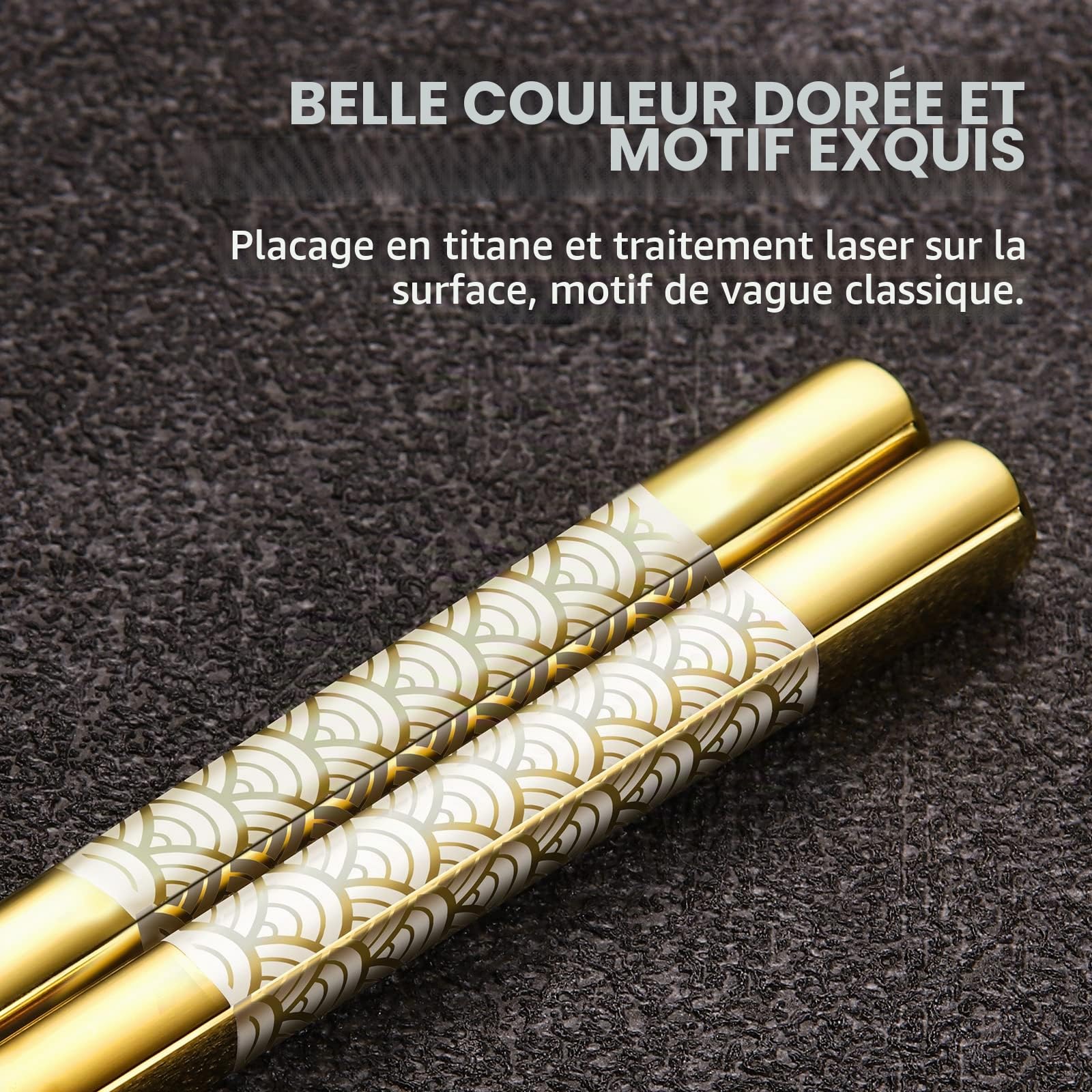 Lot de 2 paires de baguettes en métal réutilisables en titane et acier inoxydable avec support, passent au lave-vaisselle, baguettes légères de style japonais Coffret cadeau (doré)