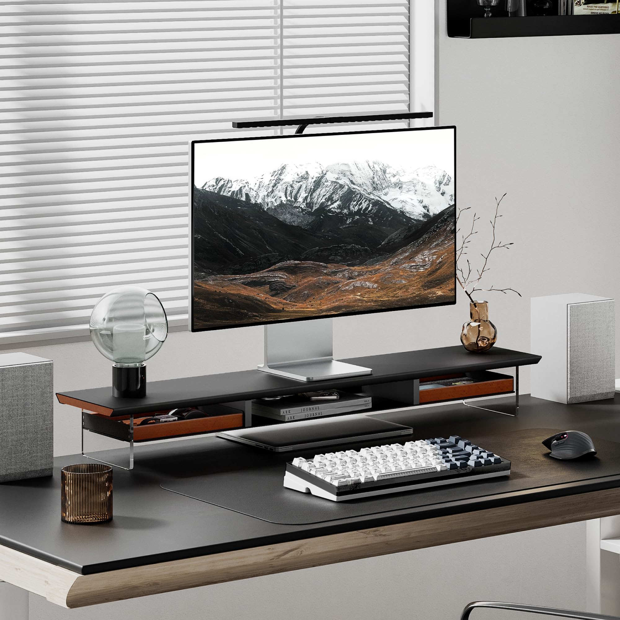 Fenge Supporto Monitor Scrivania Acrilico, 108 x 23 x 12,9 cm, Rialzo 2 Monitor 27 Pollici e 35kg, con Cassetti in Legno Massello, Organizer, Porta PC per Computer, Laptop, Stampante TV (Nero)