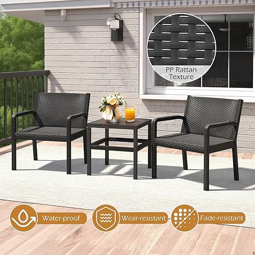 Miniatura 5 de COSTWAY Juego de muebles de patio de 3 piezas, muebles de mimbre de ratán PP para exteriores con 2 sillones modernos de ratán y mesa auxiliar de