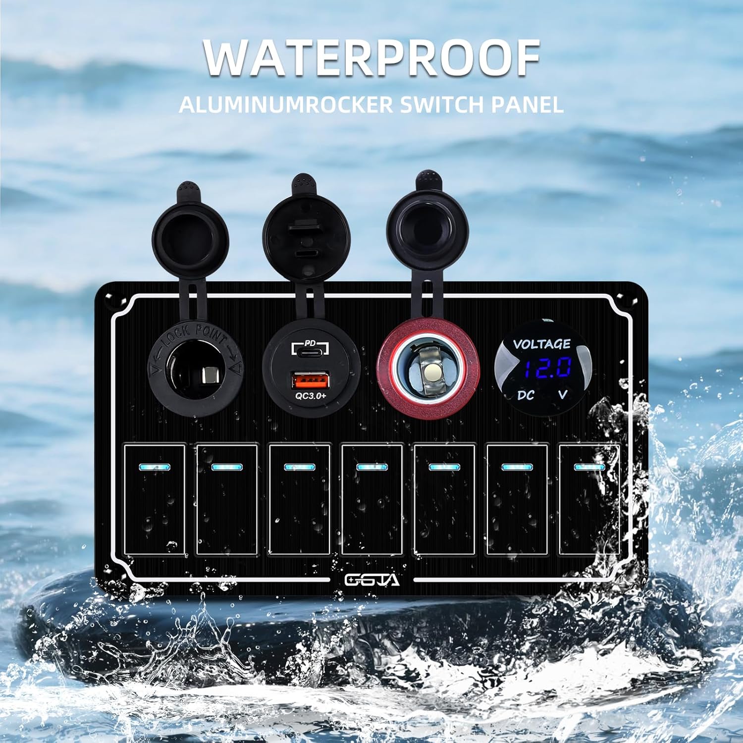 Marine Boat Switch Panel Waterproof 7 Gang,Boat Rocker Switch Panel Waterproof, Toggle Switch Panel for car、Boat、Automotive Modification, Off-Road Vehicles, Black