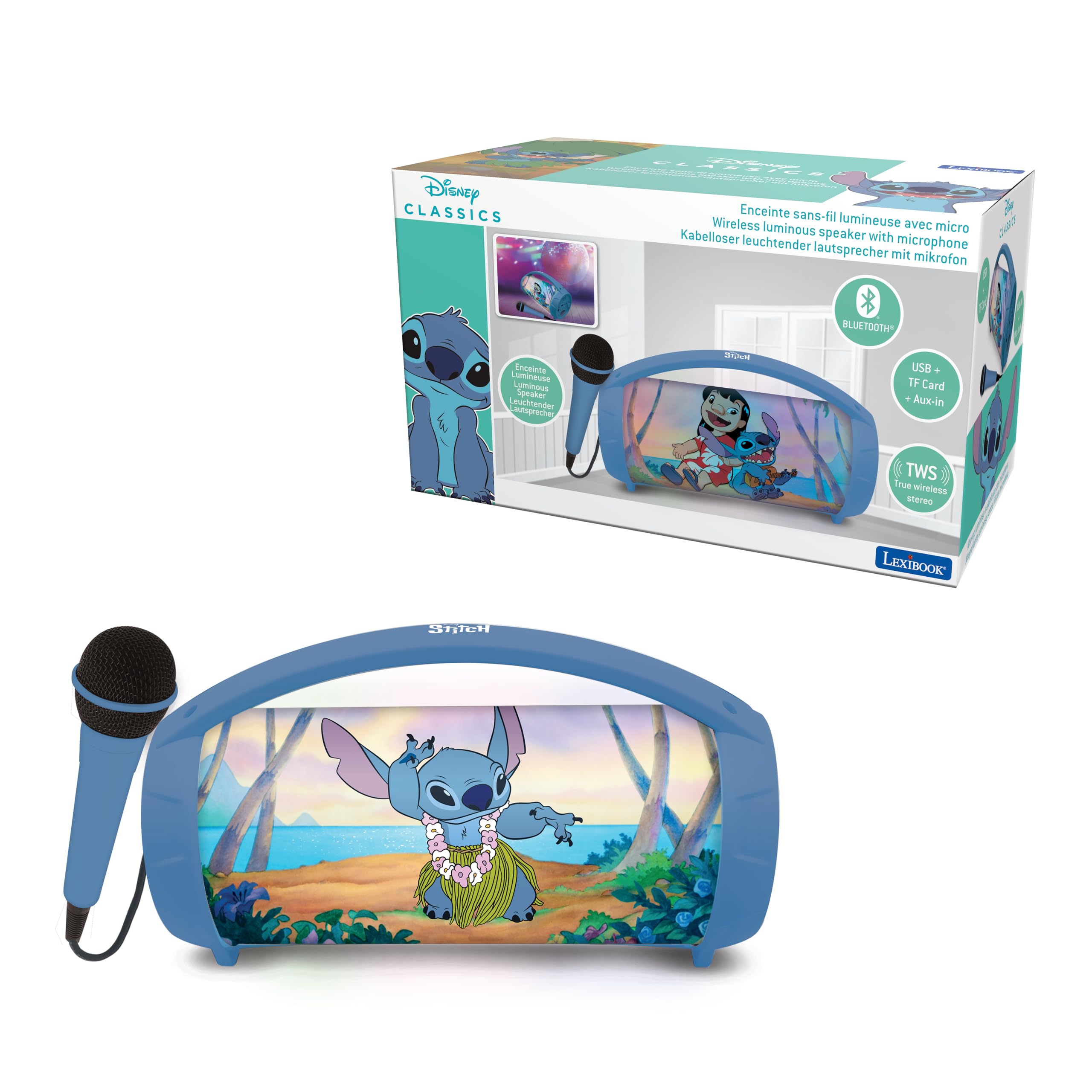 LEXIBOOK, Disney Stitch, Wireless light speaker with microphone, Stereo sound, Karaoke function, USB and SD card ports, Rechargeable battery, Handle to carry everywhere, Blue, BTP585DZ