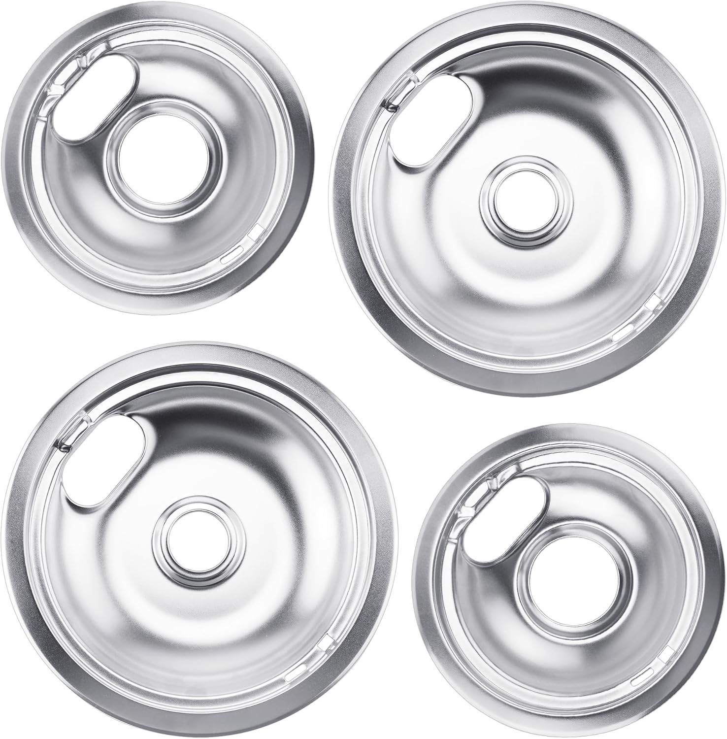316048413 and 316048414 Electric Stove Burner Drip Pan Chrome Set for Frigidaire Tappan Kenmore Electric Range w/Locking Slot, Includes 2 6-Inch and 2 8-Inch Drip Bowls