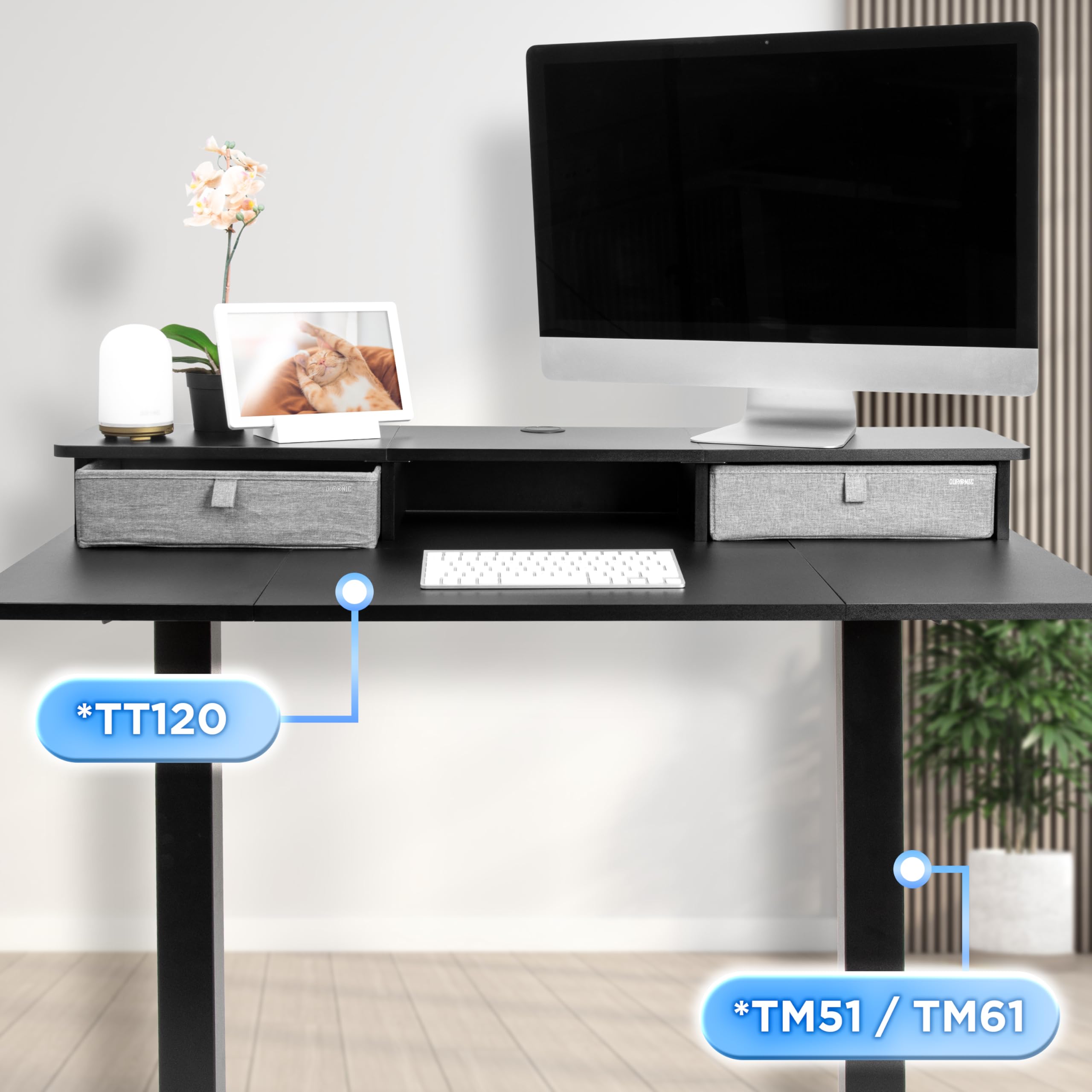 Duronic DD3 BK Accessorio per Scrivania 120 cm Nero con 2 Cassetti | Compatibile con Tutti i Desk Top da 120 cm | Superficie per Sollevare lo Schermo | Professionale Estetico e Organizzato