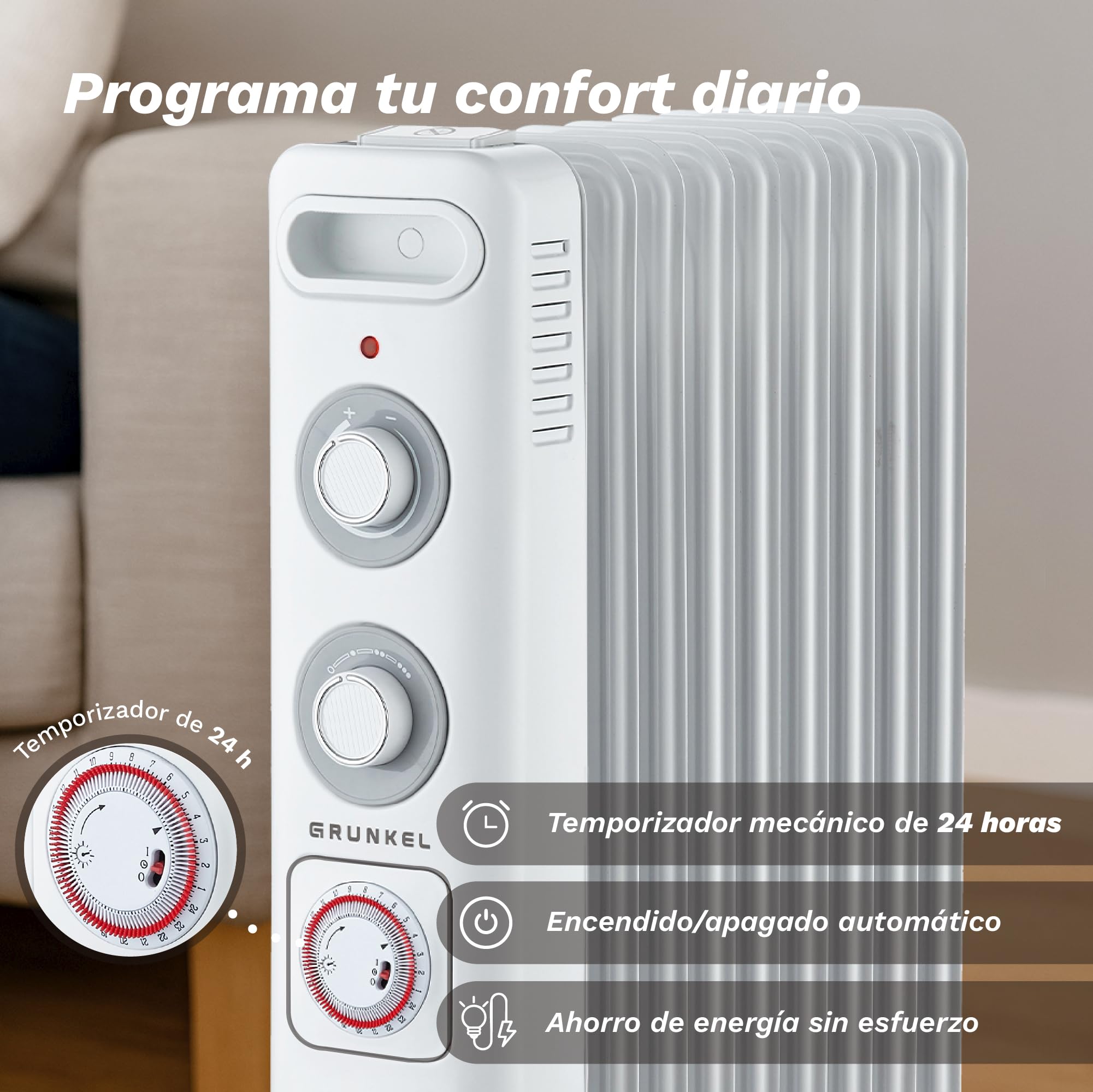 GRUNKEL RD-2000S Radiador de Aceite, 2000W-2500W, 9 Elementos, 3 Niveles de Potencia, Temporizador 24h, Termostato Regulable, Ruedas Multidireccionales