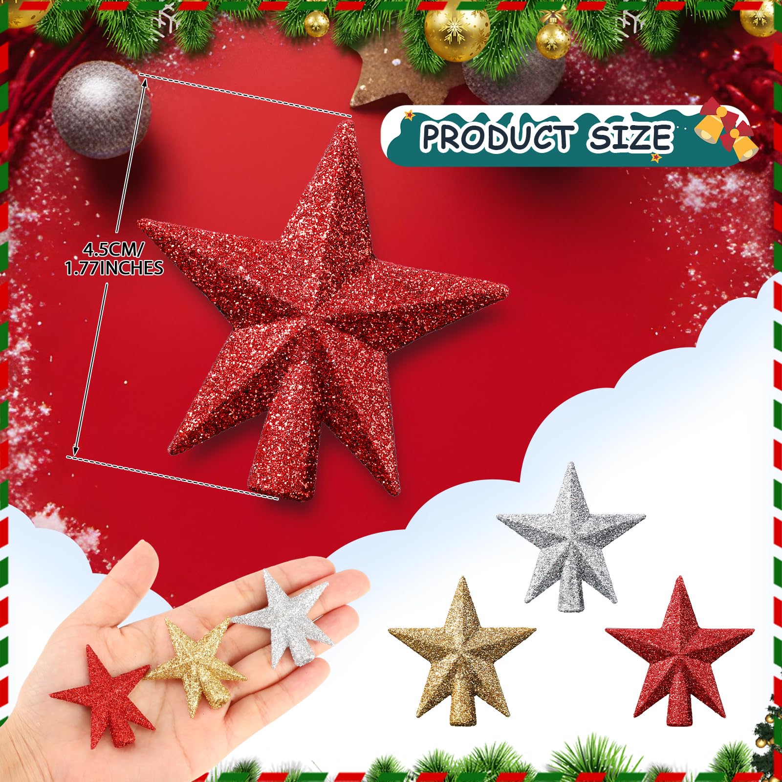 Hanaive 3 Pcs Mini Christmas Tree Topper Small Star Christmas Treetop Ornaments for Mini Tree Holiday Decorative Star for Xmas Home Decor(1.77 Inch,Glitter Gold, Silver, Pink)