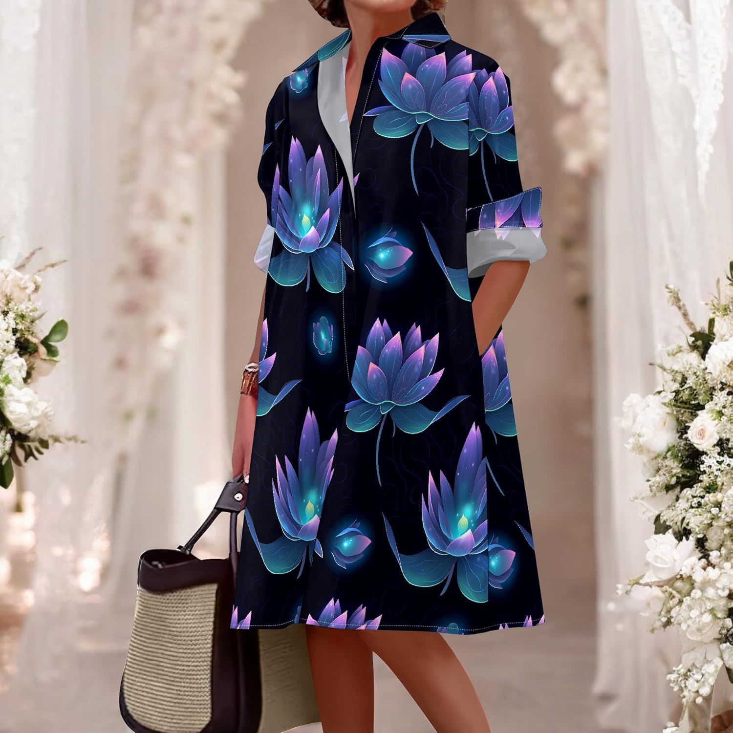 Shirt Dresses for Women 2025 Summer Long Sleeve Casual Plus Size Floral Printed Beach Vacation Dress with Pockets - Image 3