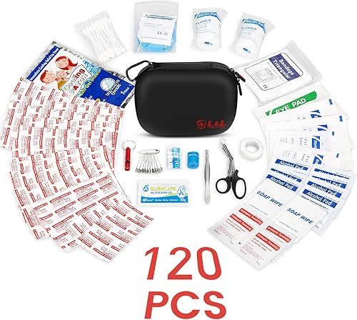 Miniatura 2 de Kit de primeros auxilios de 120 piezas para viajes, coche y supervivencia de emergencia, suministros médicos compactos e impermeables con vendajes