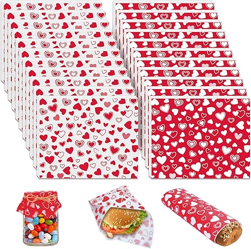 Miniatura 1 de ROOKEA 160 hojas de papel encerado para comida delicatessen, envoltura de papel para sándwich, dulces, galletas, envolturas de patrón de corazón,