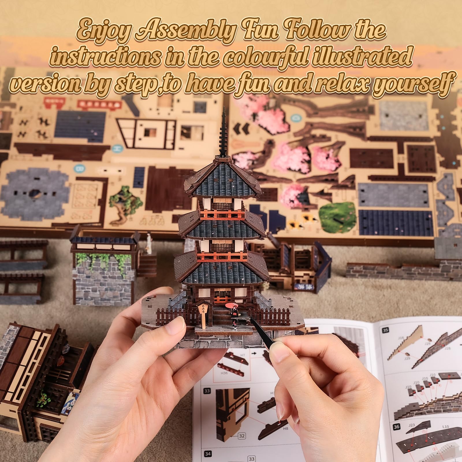 Cutefun Kit Book Nook, kit fai da te in miniatura per casa di Kyoto, puzzle 3D in legno, oltre 400 pezzi, decorazione per libreria giapponese, fermalibri con LED, inserto pieghevole in fiore di