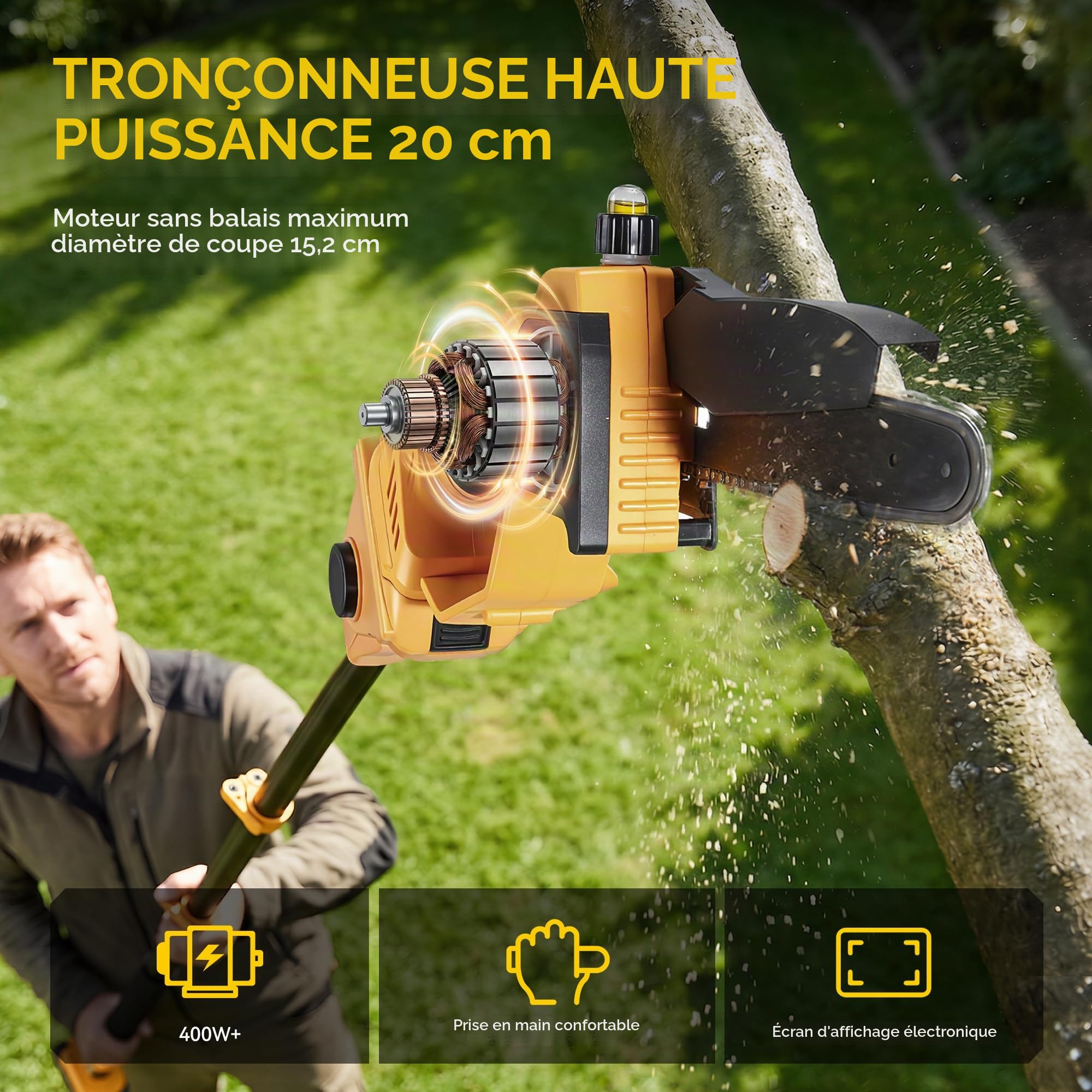 Sécateur électrique 4 en 1 avec 2 batteries de 4000 mAh, outil de jardin de 20 cm avec manche télescopique, lame de 40 mm, moteur sans balais, longueur 2,3 m