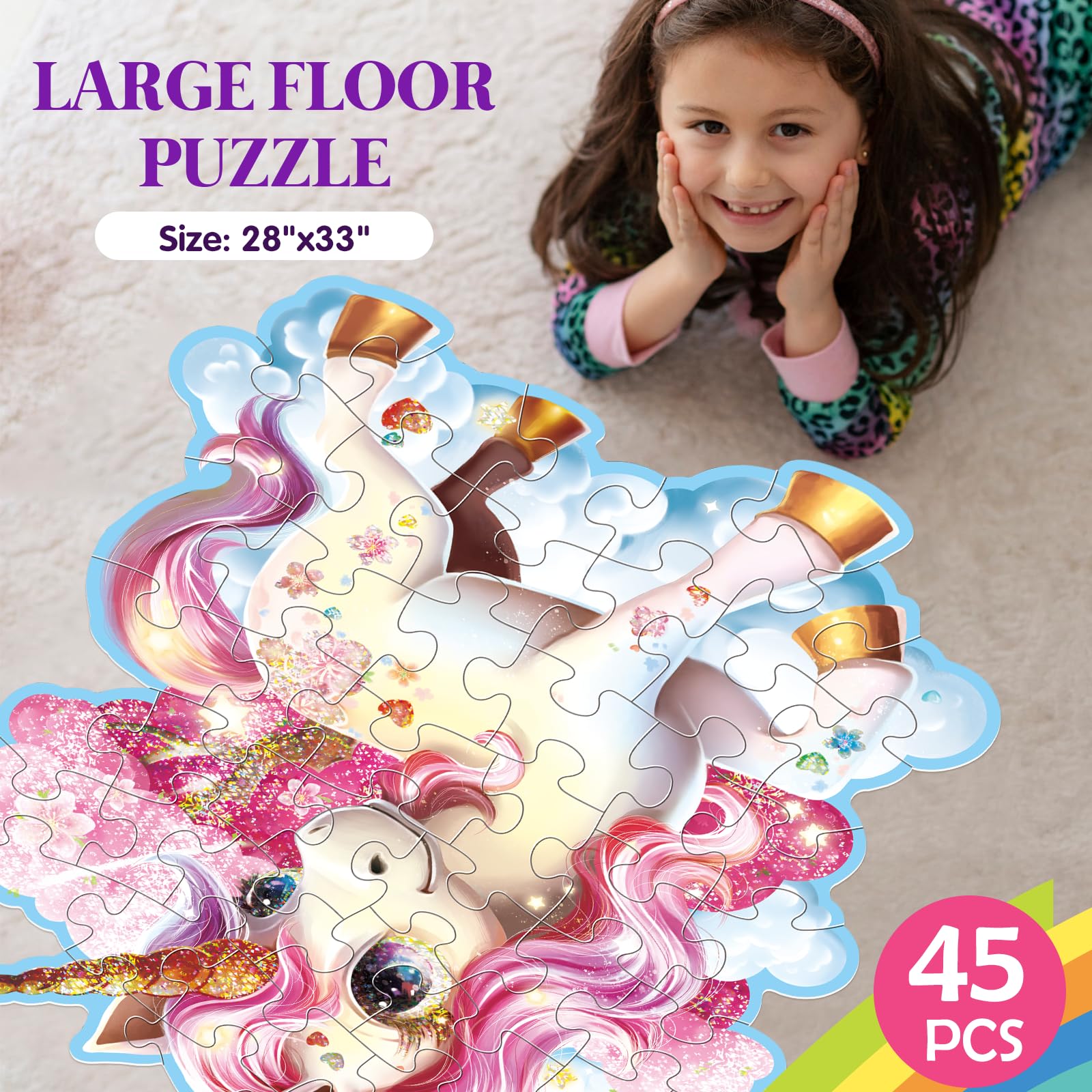 Jumbo Shimmery Floor Puzzle for Kids,Unicorn Jigsaw Large Puzzles,45 Piece Unicorn Puzzle for Toddler Ages 3-5,Children Learning Preschool Educational Toys,Birthday Gift for 4-8 Years Old - Image 2