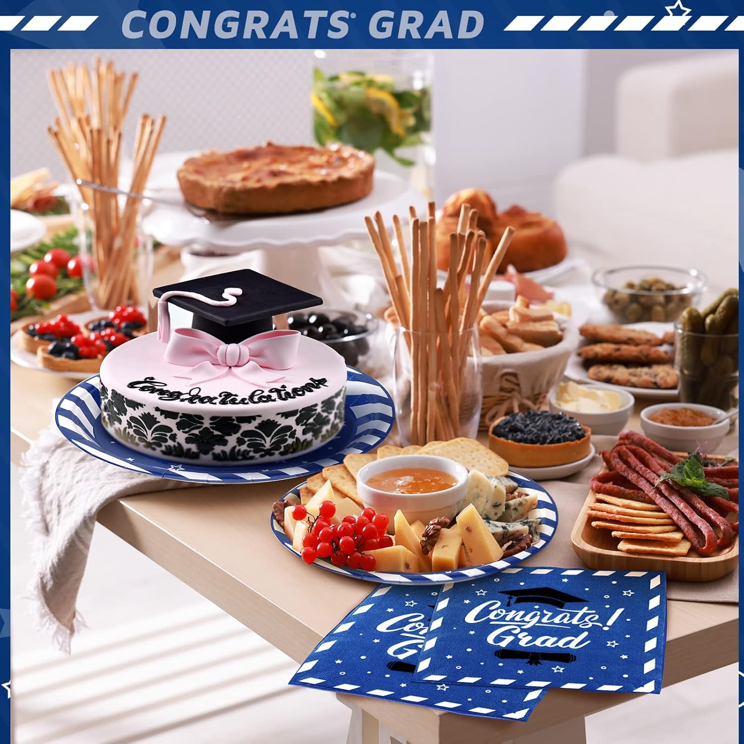 300 Pcs Graduation Party Plates and Napkins Graduation Decorations 2026 Blue Party Supplies Disposable Dessert Paper Plates Napkins for Congrats Grad School Kindergarten Table Decor, Serve 100
