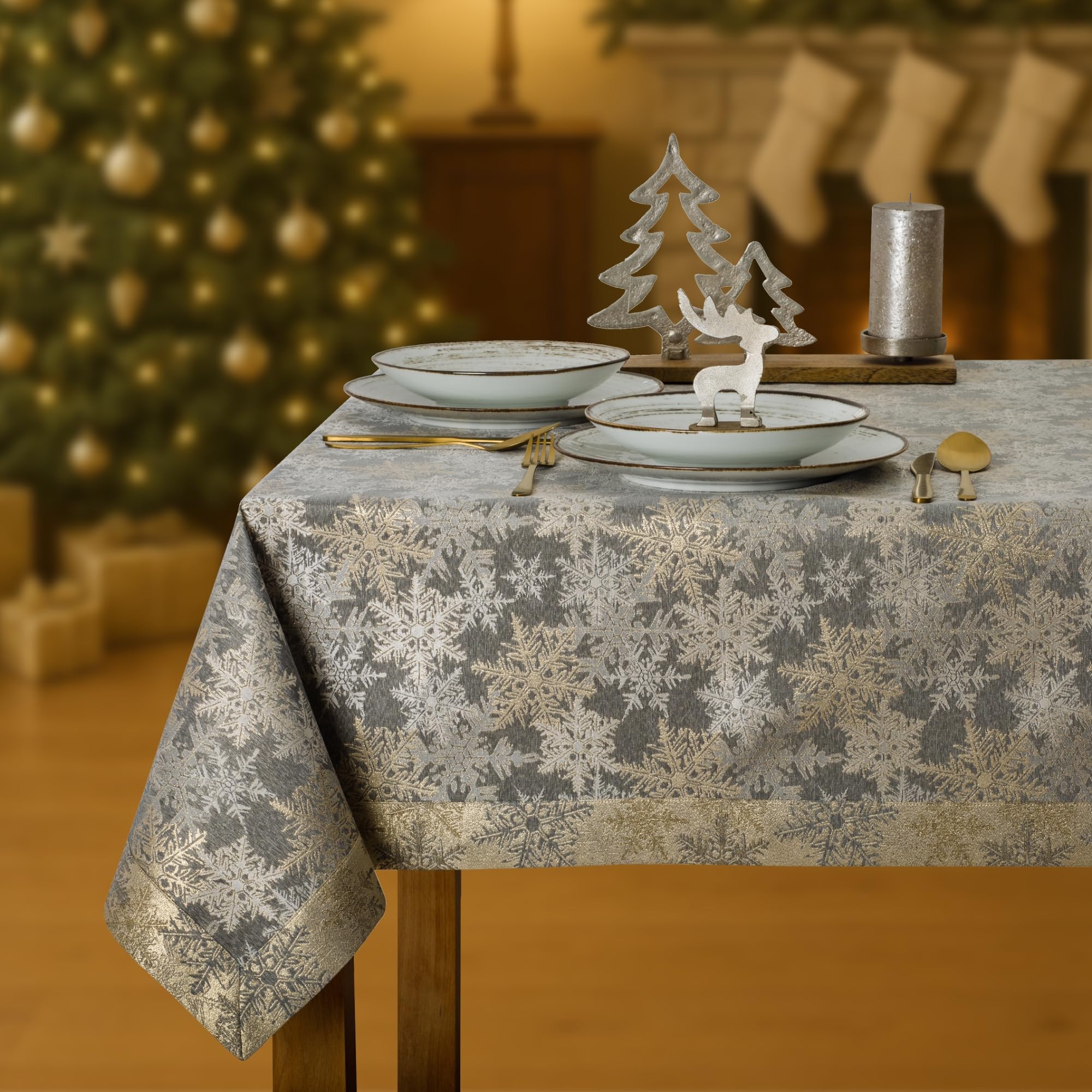 Tischdecke Weihnachten 120x160 cm - Elegante graue weihnachtliche Tischdecke mit goldenen und silbernen Schneeflocken, sauber genäht mit Kuvertsaum, schmutzabweisend - O5 5555 1002