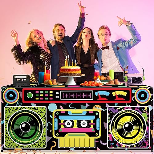 Miniatura 5 de Mantel temático de 6 pies, 80 y 90, decoración de fiesta de cumpleaños, funda de mesa clásica de radio Boombox, tela lavable, de poliéster, hip hop,