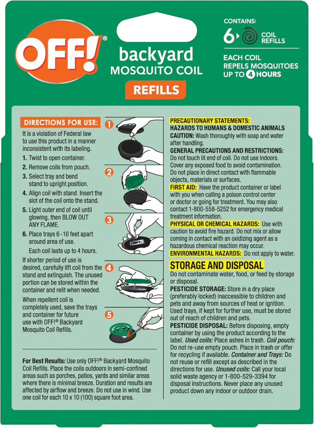 OFF! Backyard Mosquito Coil Refills Repels Mosquitoes for Patio and Deck Outdoor Use Up to 4 Hours per Coil 6 Count (Pack of 10)