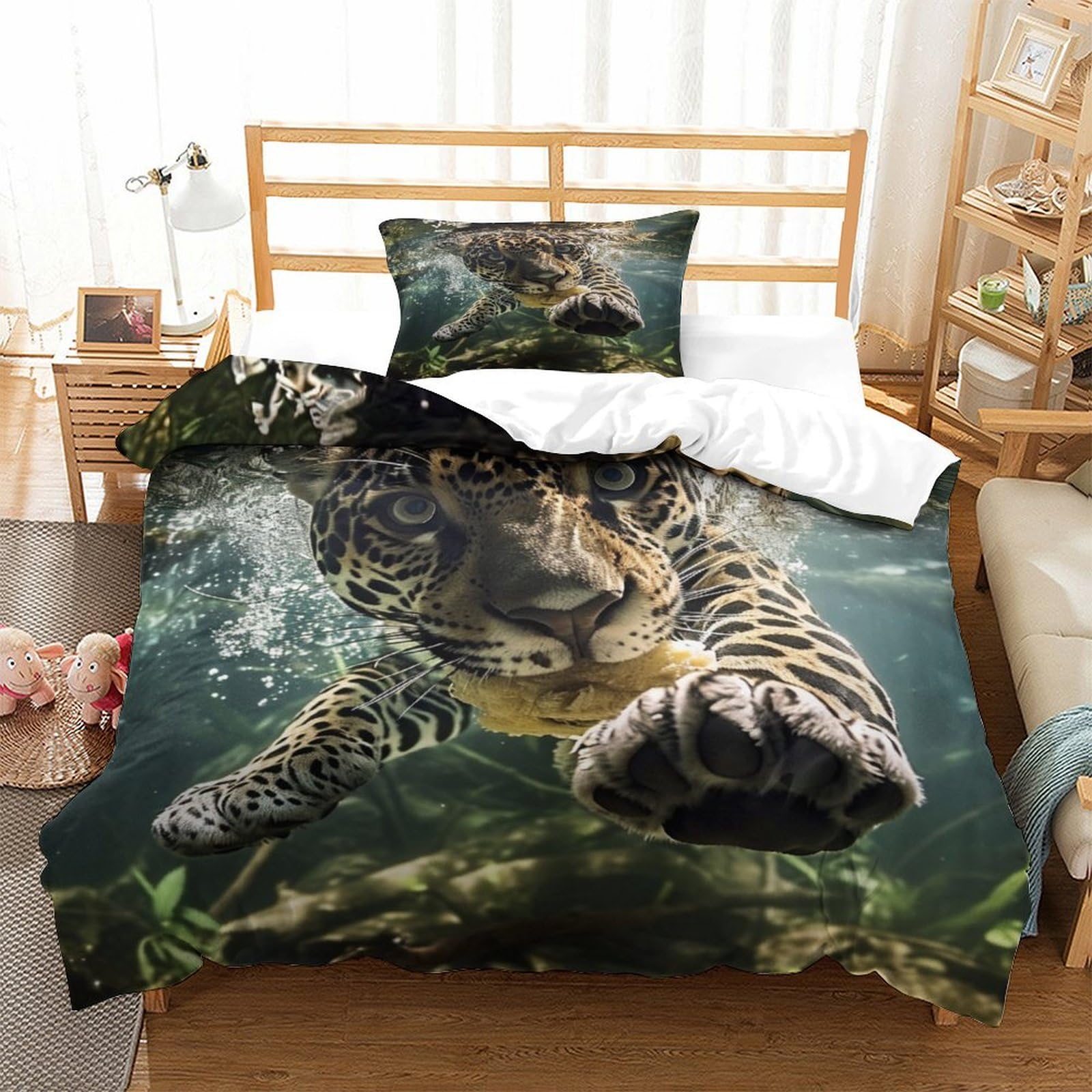 P1s9u7w5y Jaguar-6 3D Printed Jungle Tiger Duvet Cover Set 3Pcs Microfiber Wildlife Bedding Set Single（135X200cm）