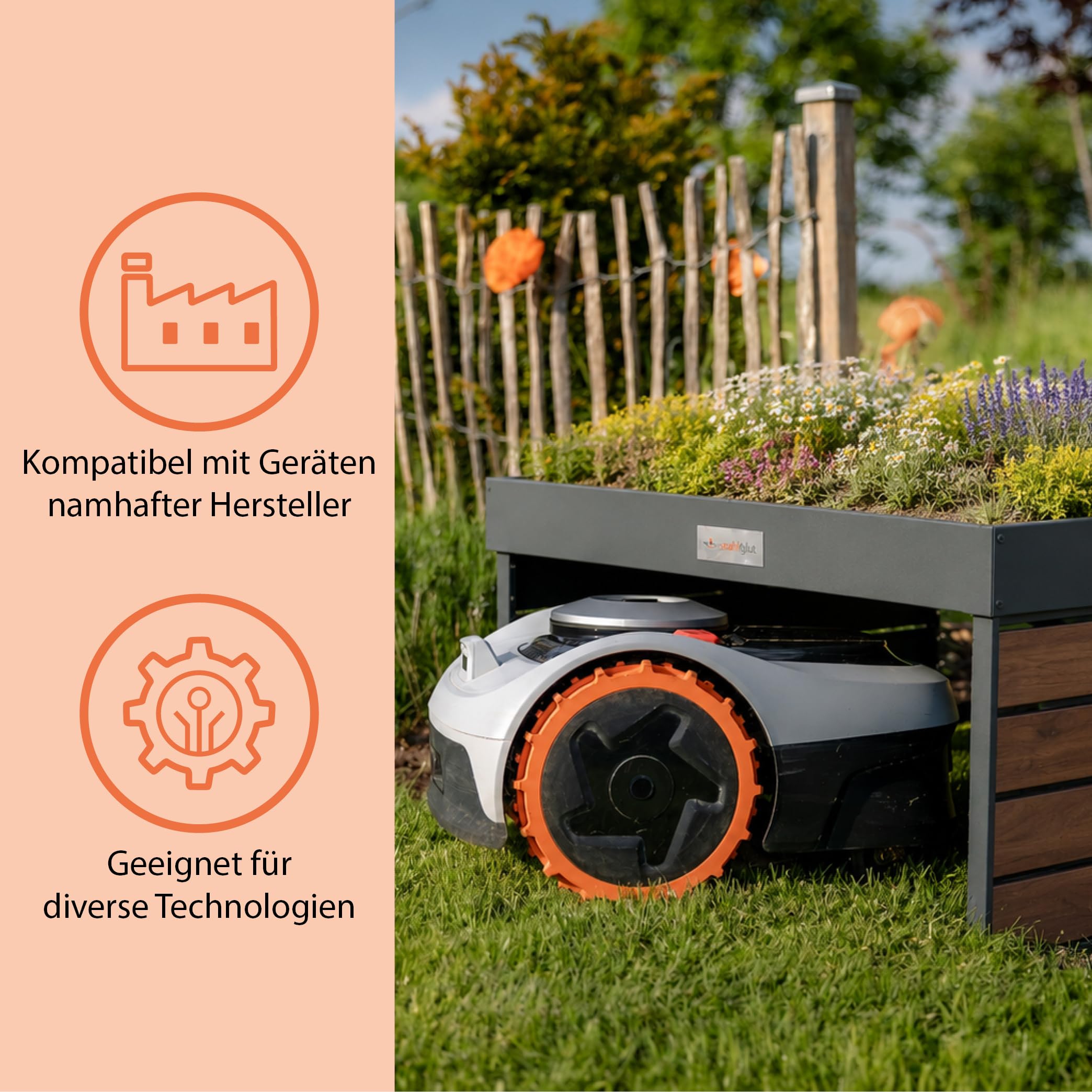 Stahlglut Rasenmährobotergarage Wetterabdeckung stahl Walnussoptik für viele Modelle auch für RTK Modelle (Bloom)