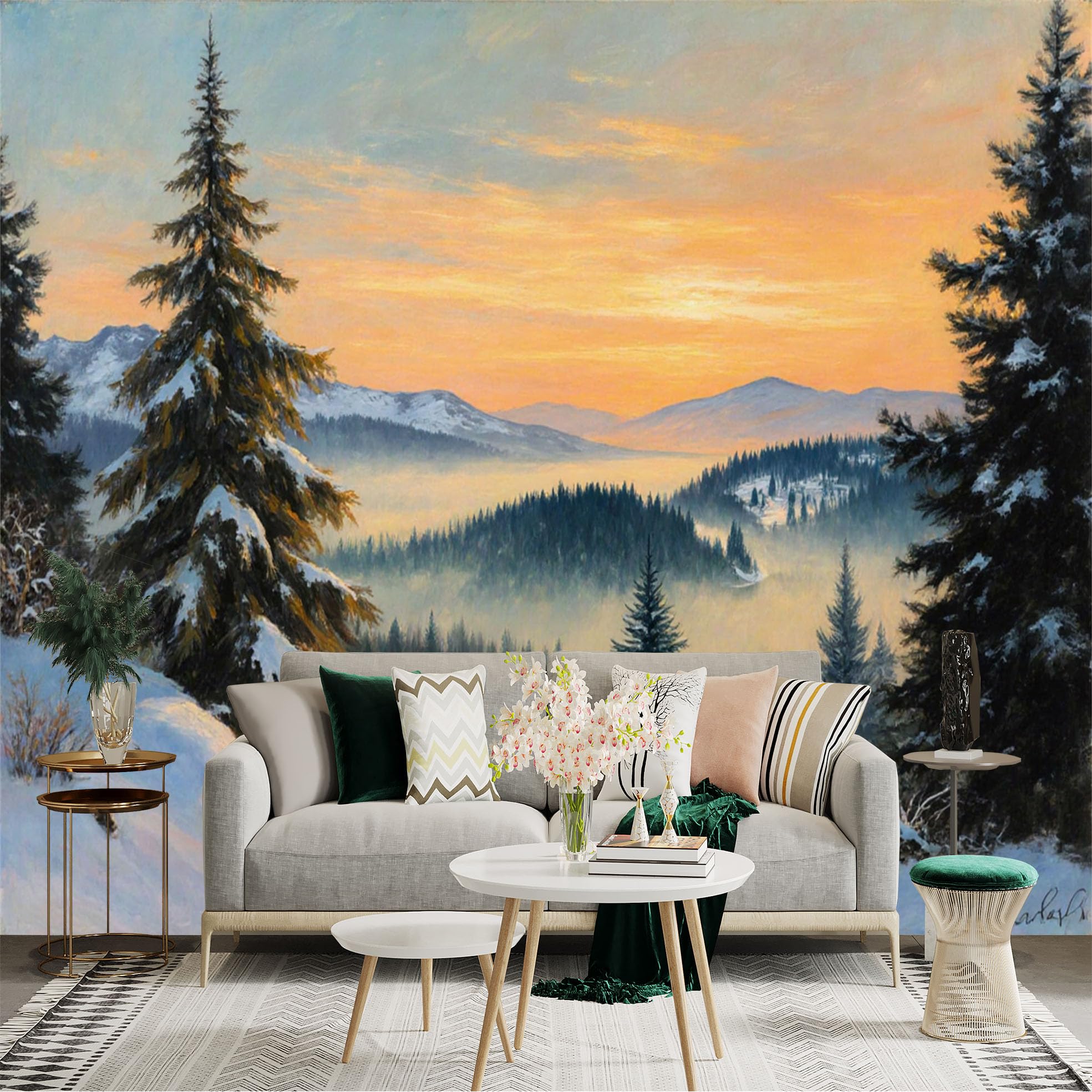 Custom Size Wall Sticker Mural， Snowy Mountain Landscape at Sunset， Pine Forest in Winter Fog， Golden Hour Horizon， for wall Decoration， peelandstick wall Decals.