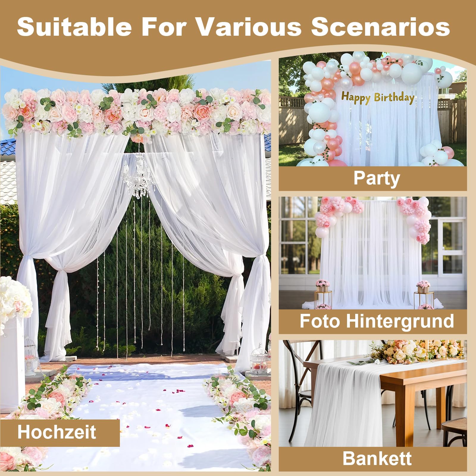 4 białe zasłony ślubne, białe zasłony, 15 m x 66 m, szyfon, na wesele, na imprezę, ceremonię, wesele, jako dekoracja na baby shower, recepcję, na scenę, jako dekoracja