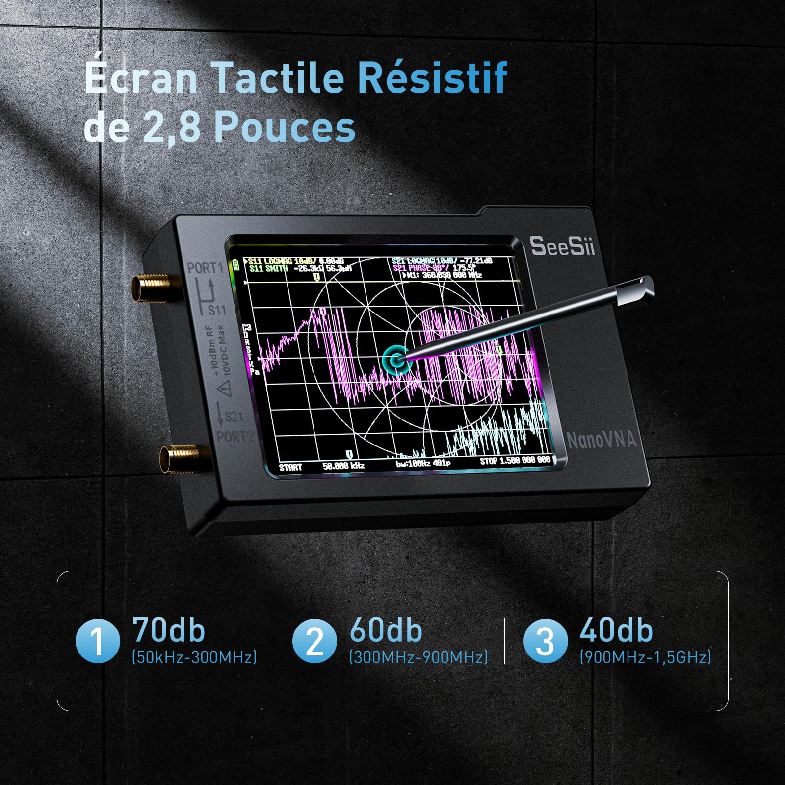 Seesii NanoVNA-H Analyseur de Réseau Vectoriel, Analyseur d'antenne V3,6 10KHz-1,5GHz MF/HF/VHF/UHF pour Paramètres S, Rapport d'onde Stationnaire de Tension et Graphique Smith Support SD Carte