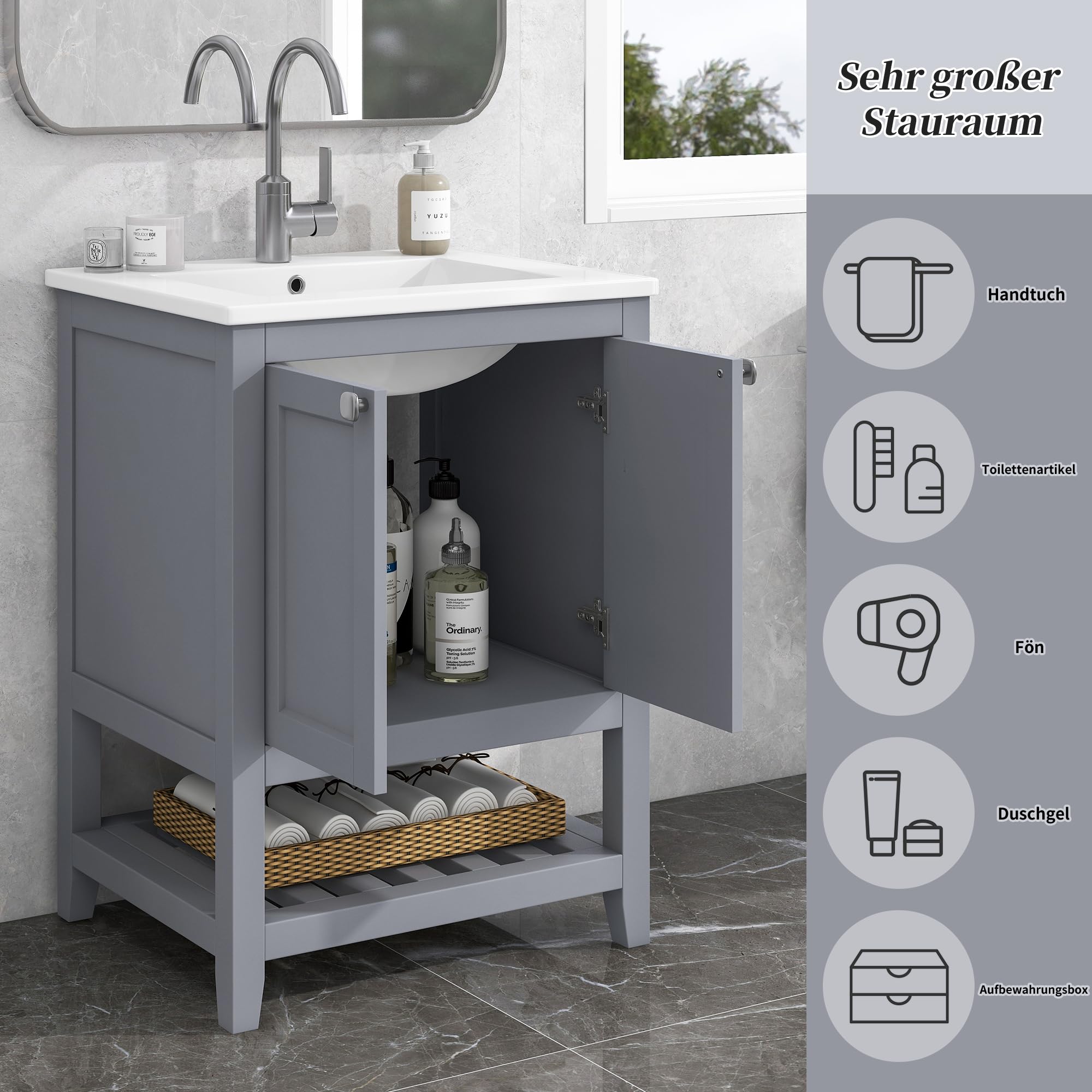 Mobile da bagno singolo con base 60 cm con lavabo in ceramica, grigio chiaro