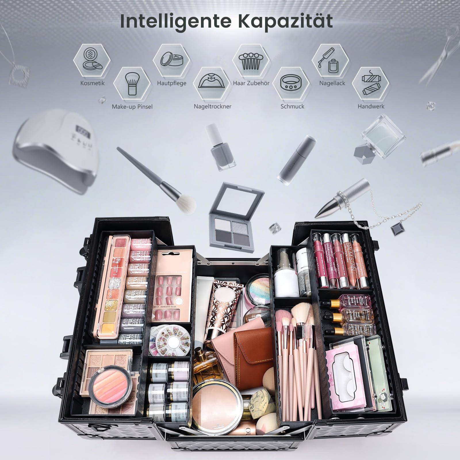 Kosmetikkoffer Schminkkoffer Make up Organizer Friseur Koffer Multikoffer Großer Friseurkoffer Leer Make up Koffer Abschließbare Beauty Case Nagelkoffer, Stilvolles Schwarz