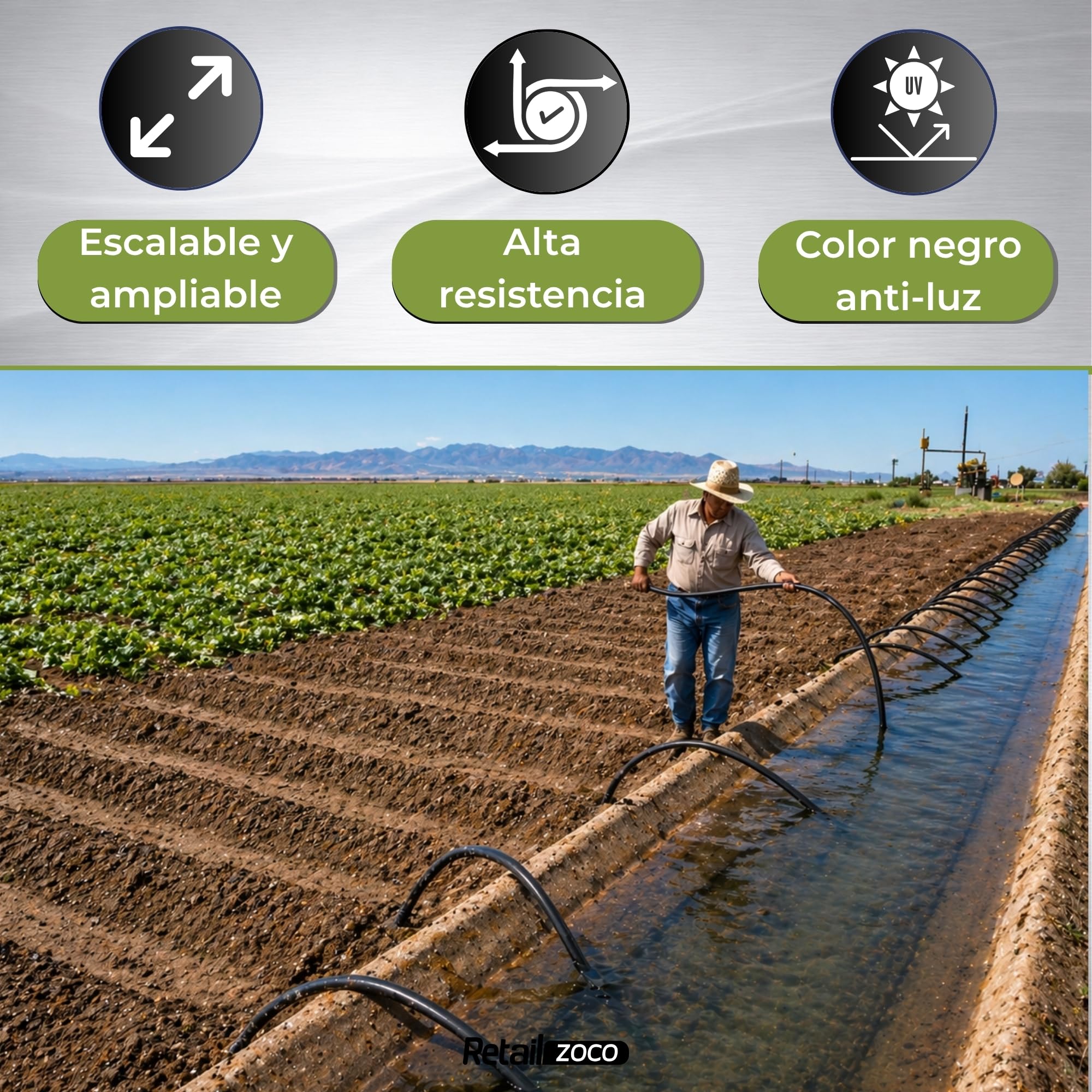 Tuberia de Riego por Goteo, Tubería riego rigida de polietileno (PE) 16 mm de diámetro, Para uso tanto profesional o agrícola, Presión de uso máxima 4 atm, Color Negro, Longitud 100 Metros