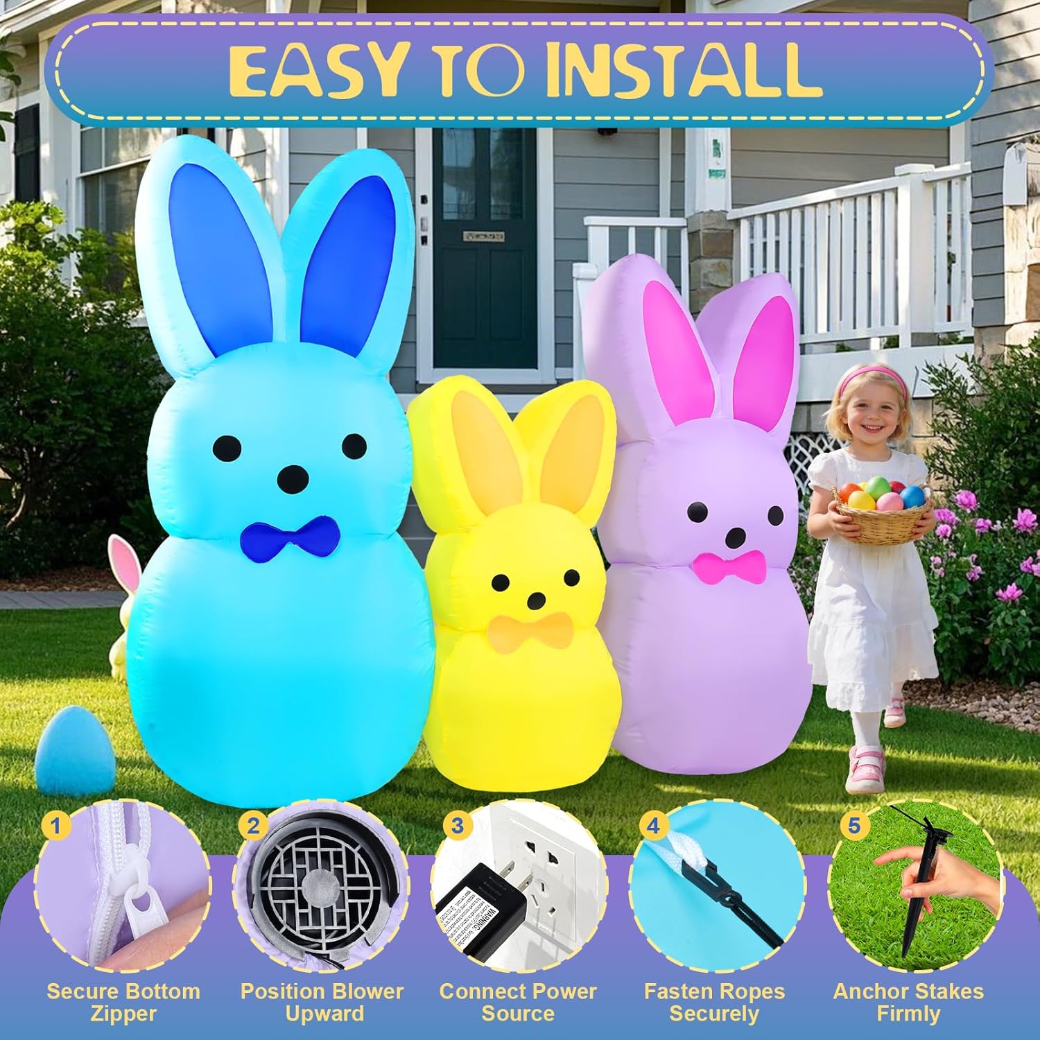 7FT Easter Bunny Inflatables Outdoor Yard Decoration LED Lighted Blow Up Colorful Triple Rabbit for Lawn Garden, Indoor Outdoor Inflatable Decor for Easter Party & Egg Hunt