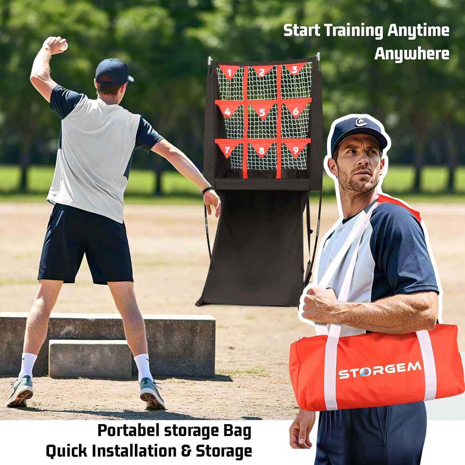 Storgem 9 Hole Pitching Net with Strike Zone, Baseball Softball Pitching Target Net with Automatic Ball Return, Portable Pitcher Training Equipment Height Adjustable, Carry Bag - Image 7